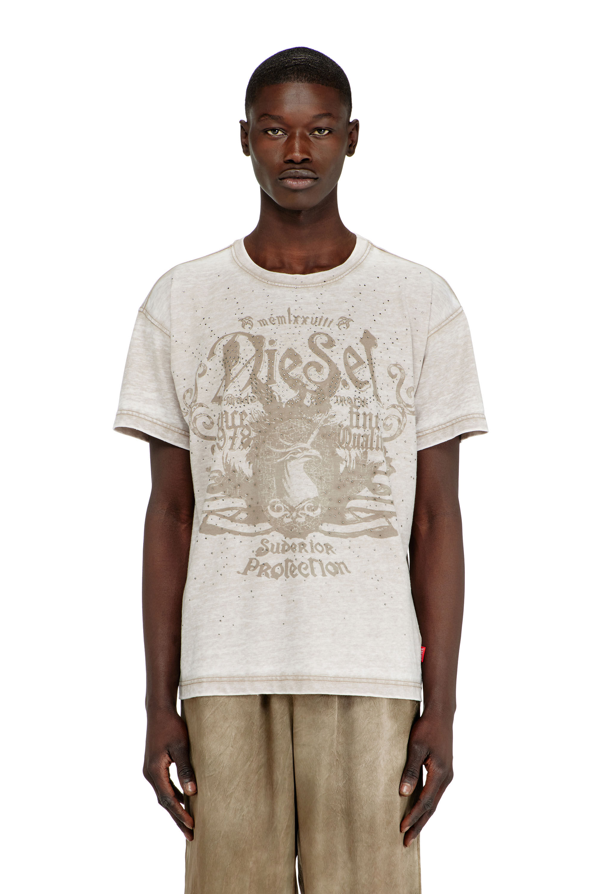 Diesel - T-NORM-AA8, Herren Jersey-T-Shirt mit burnout wash und Nieten in Beige - 3