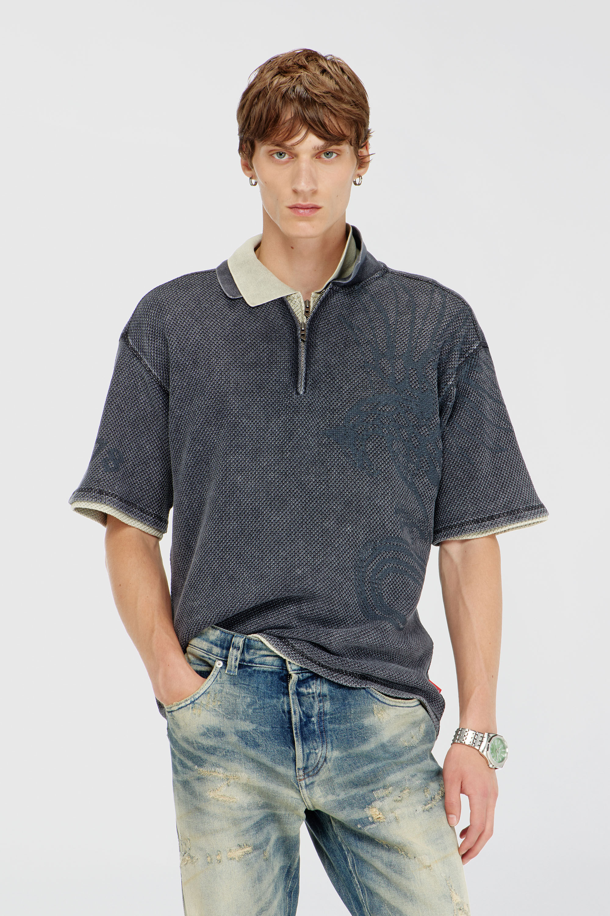 Diesel - T-ERRY-ZIP, Herren Mesh-Jacquard-Poloshirt mit Phoenix-Print in Dunkelgrau - 3
