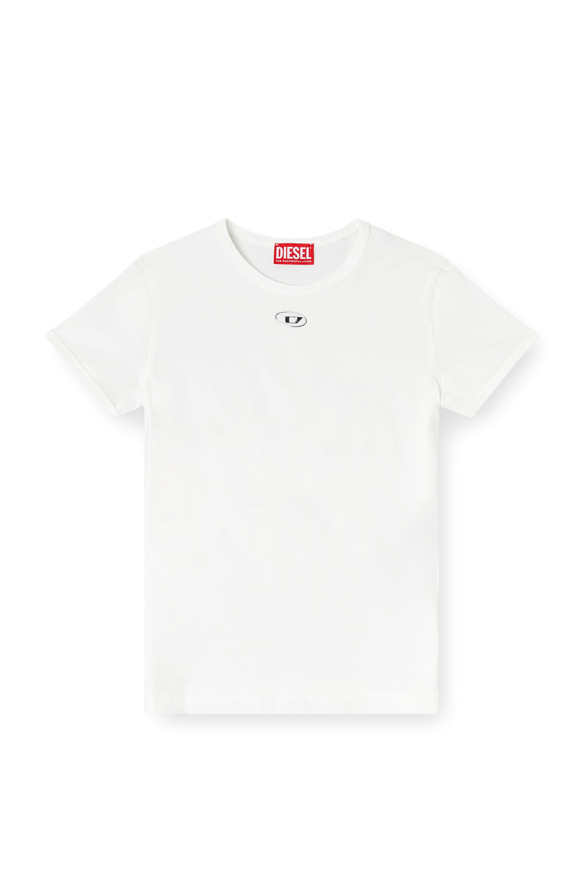 Diesel - T-UNCUTIESLONG-OD, Damen Schmal geschnittenes T-Shirt mit metallischem Oval D in Wei&szlig; - 2