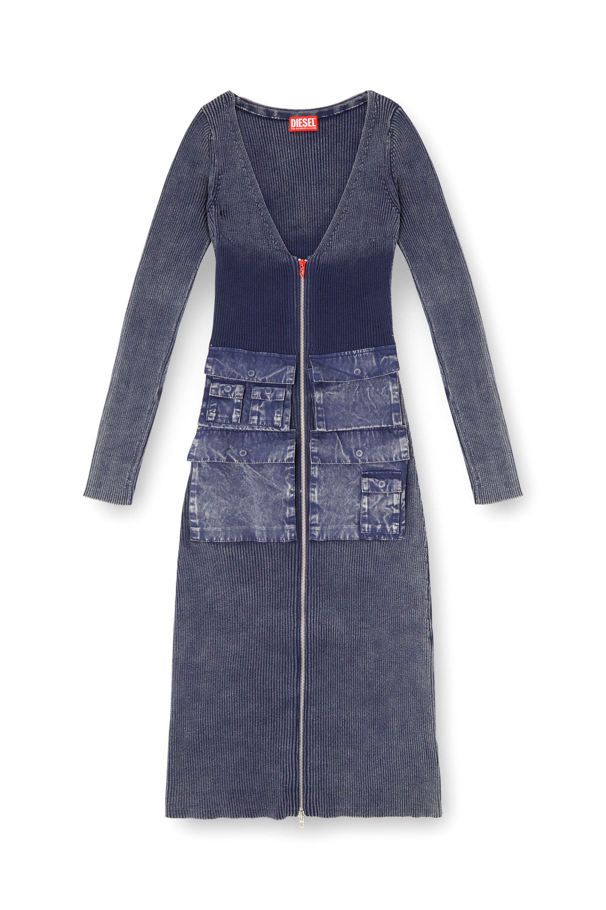 Diesel - M-MELTI-LS, Damen Geripptes Midikleid mit Denim-Behandlung in null - 2