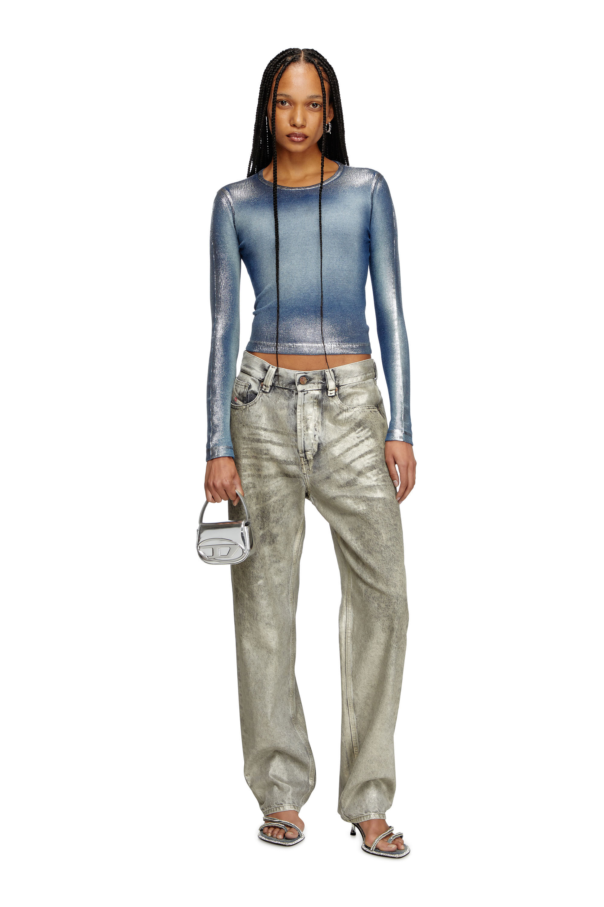 Diesel - T-BANES-NC-Q1, Damen Verblasstes Langarm-Metallic-T-Shirt in Blau - 1