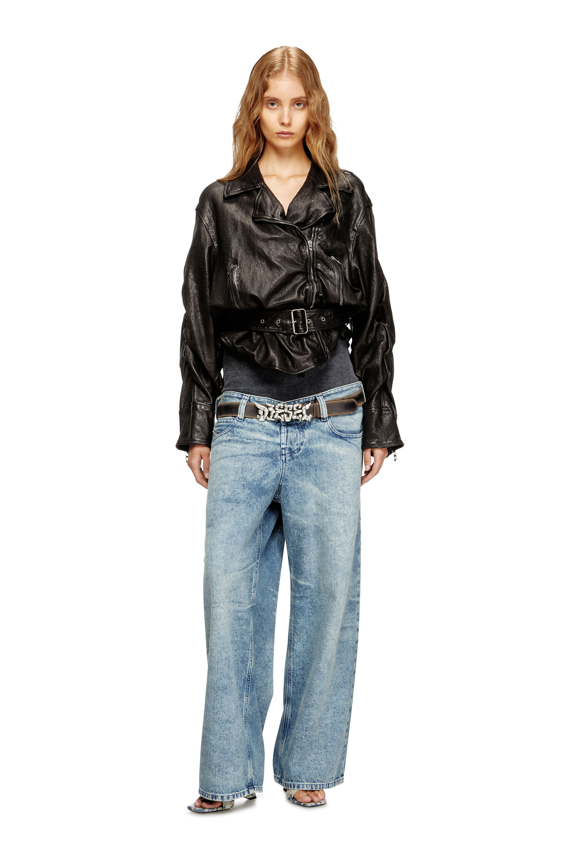 Diesel - L-OYS, Damen Jacke mit Gürtel aus thermischem Leder in Schwarz - 1