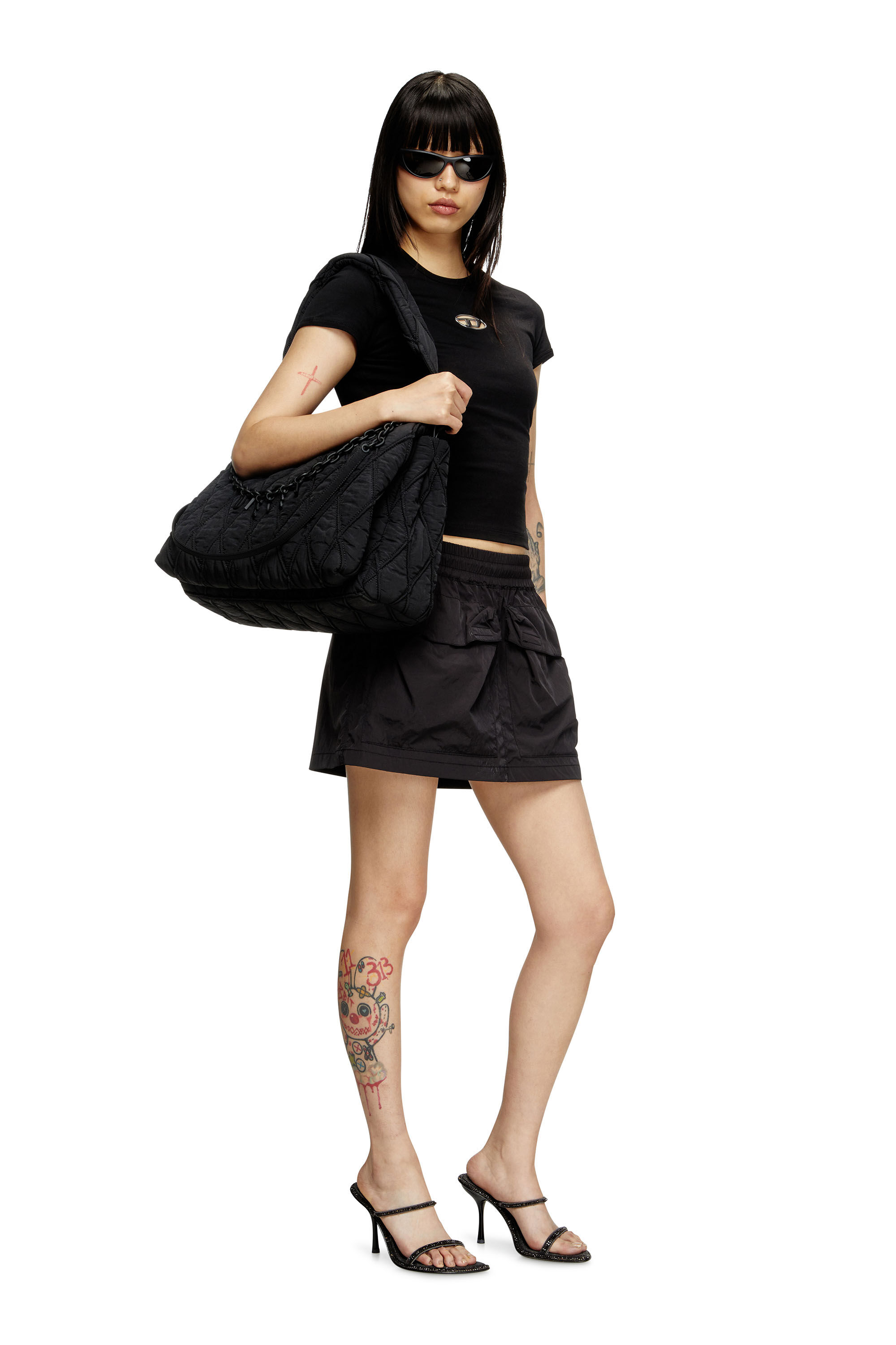 Diesel - CHARM-D SHOULDER L, Damen Schultertasche aus gestepptem gewaschenem Nylon in Schwarz - 6