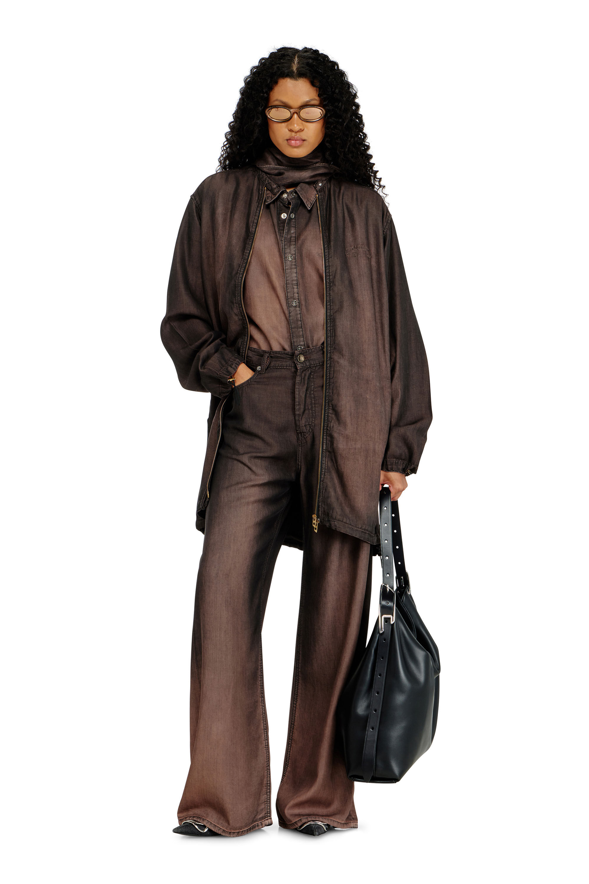 Diesel - DE-TROIT-S, Damen Leichte Jacke aus flie&szlig;endem beschichtetem Denim in Braun - 1