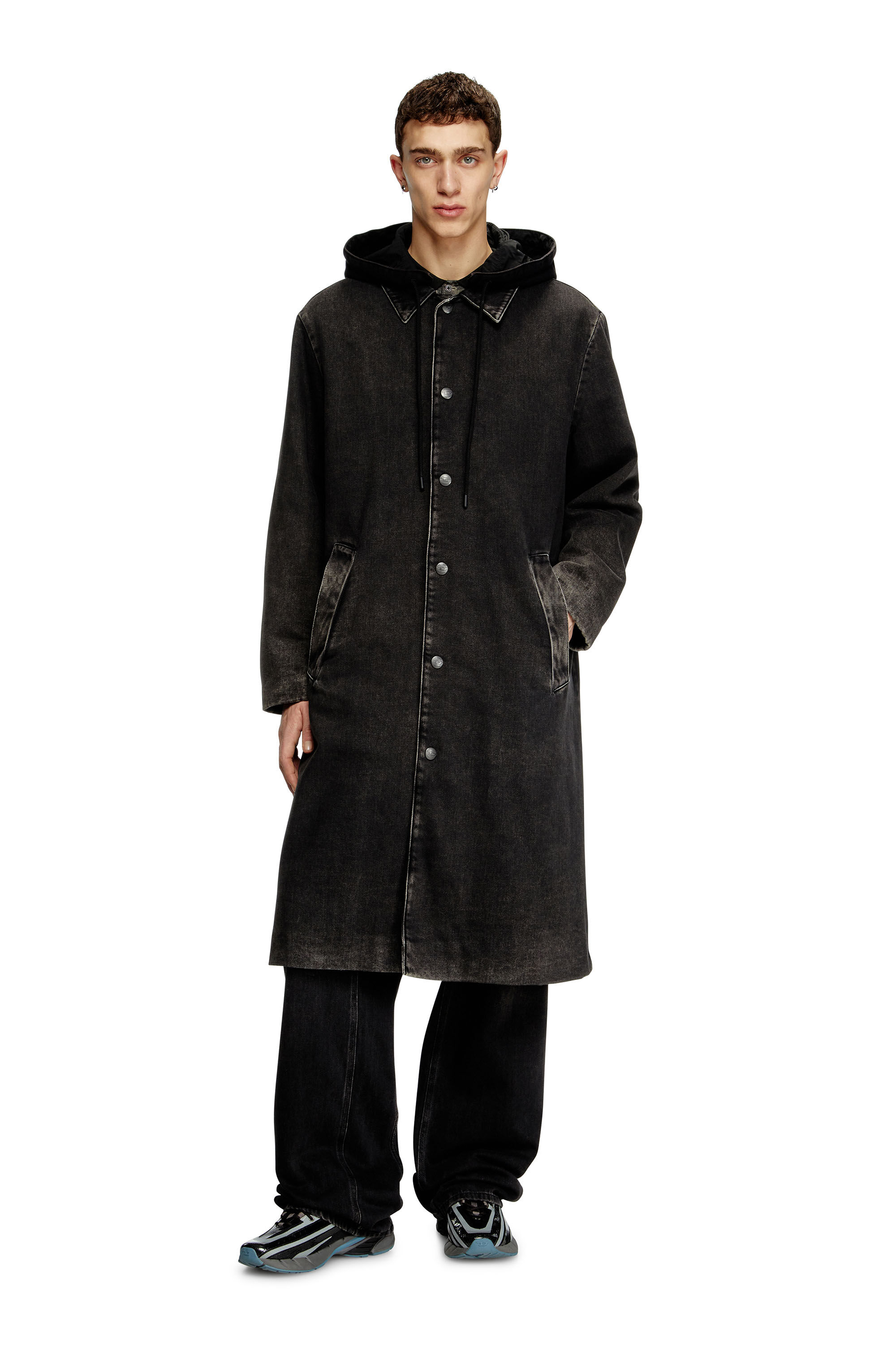 Diesel - D-JAKO-S, Herren Hybrider Mantel aus Denim und Jersey in Schwarz - 1