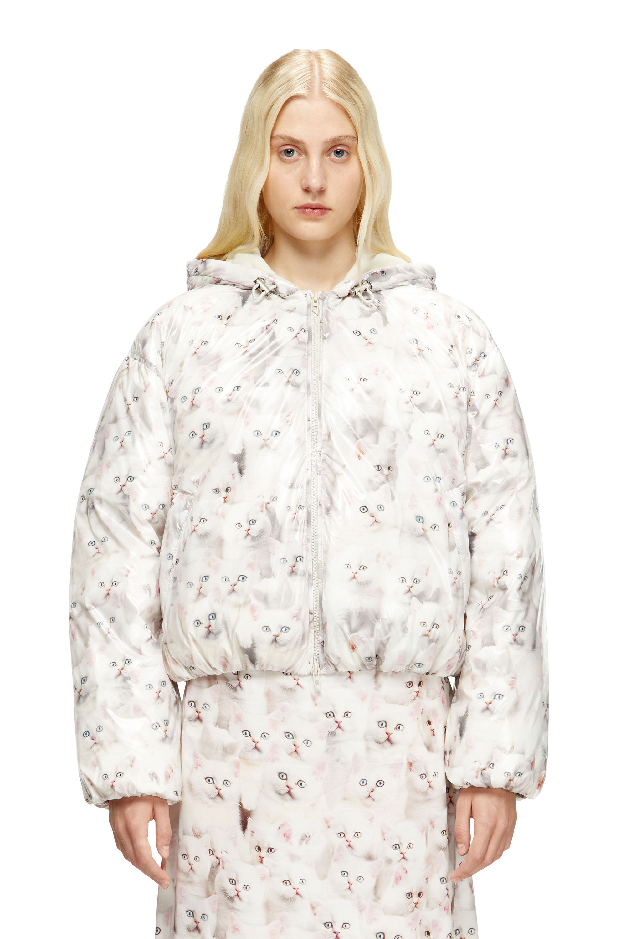 Diesel - W-INNER-R1, Damen Wattierte Jacke mit Katzen-Print in Weiß - 3