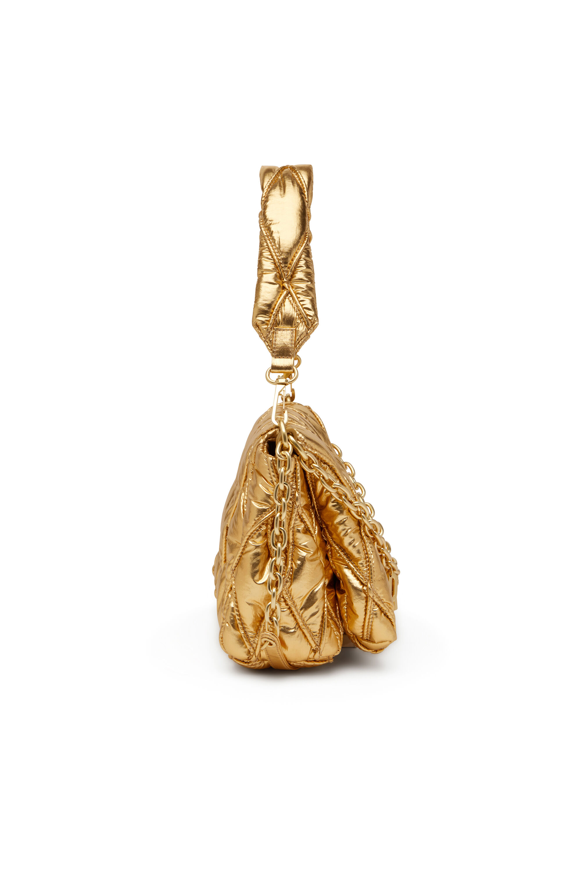 Diesel - CHARM-D SHOULDER M, Damen Schultertasche aus gestepptem Metallic-Nylon in Gold - 4