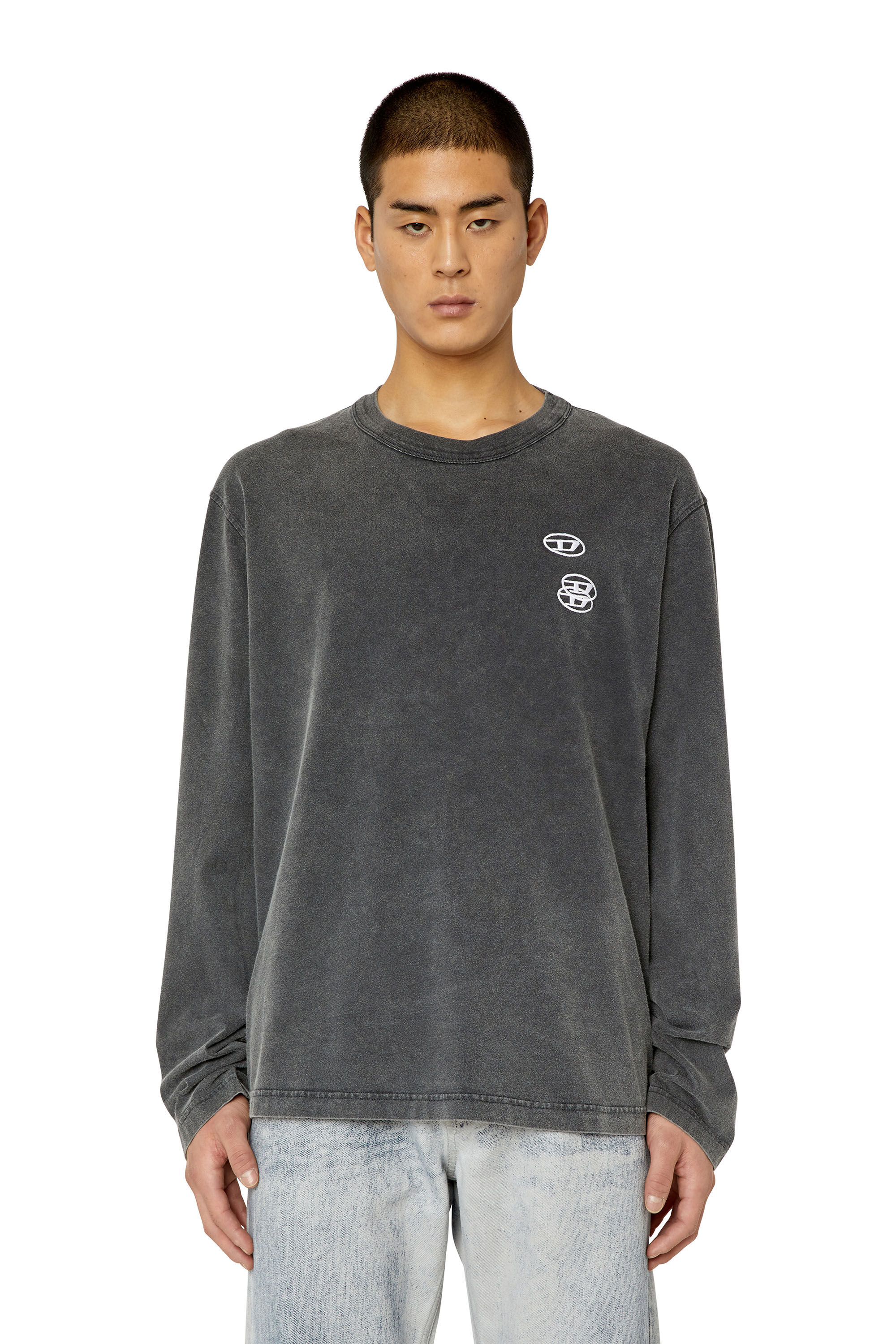 Diesel - T-CRANE-LS-SLITS, Herren T-Shirt mit dreifacher Logo-Stickerei in Schwarz - 3