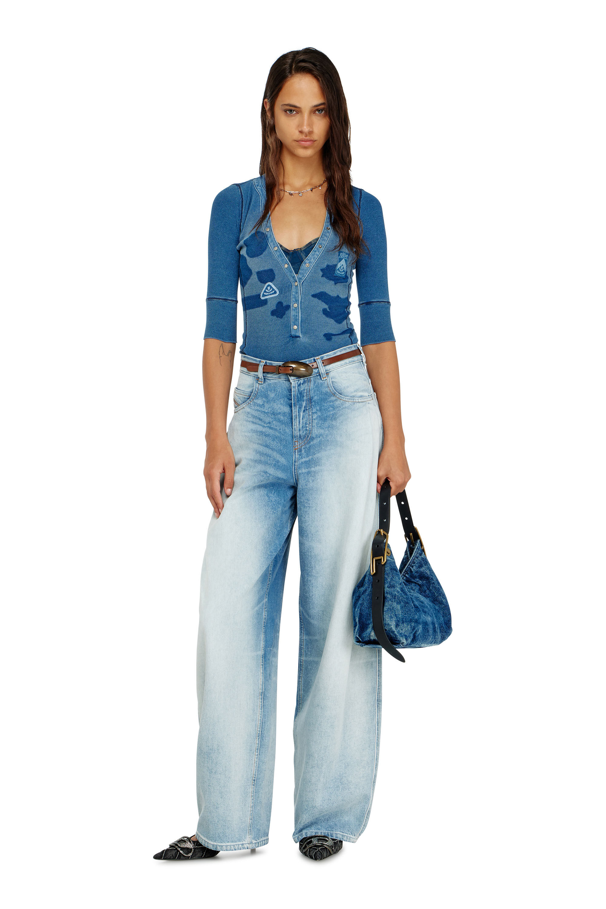 Diesel - T-EREME, Damen Henley-Top mit Shadow-Patch-Effekten in null - 1