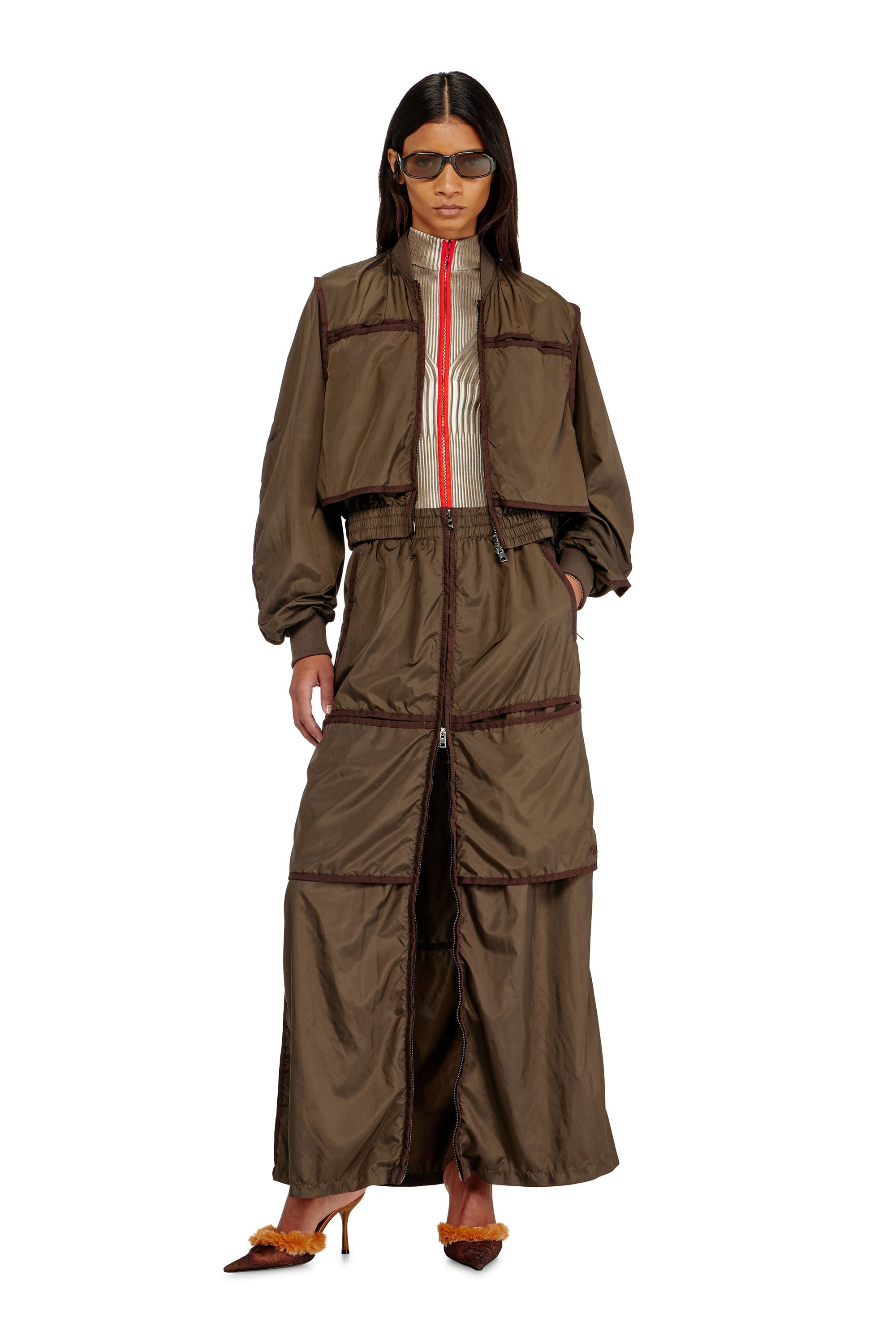Women's Windbreaker maxi skirt with front zip | Brown | Diesel