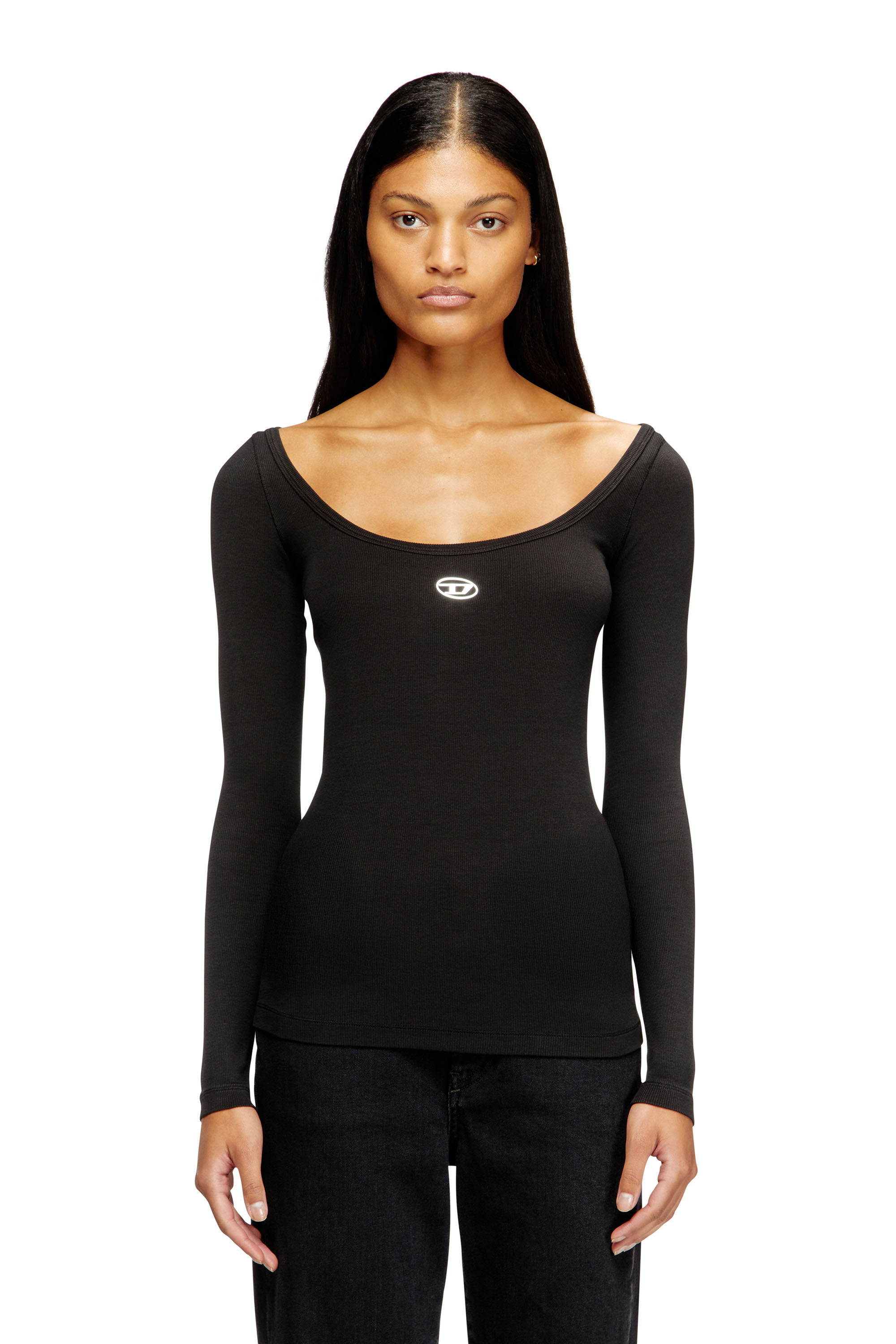 Women's Long sleeve ribbed top with metallic Oval D | Black | Diesel