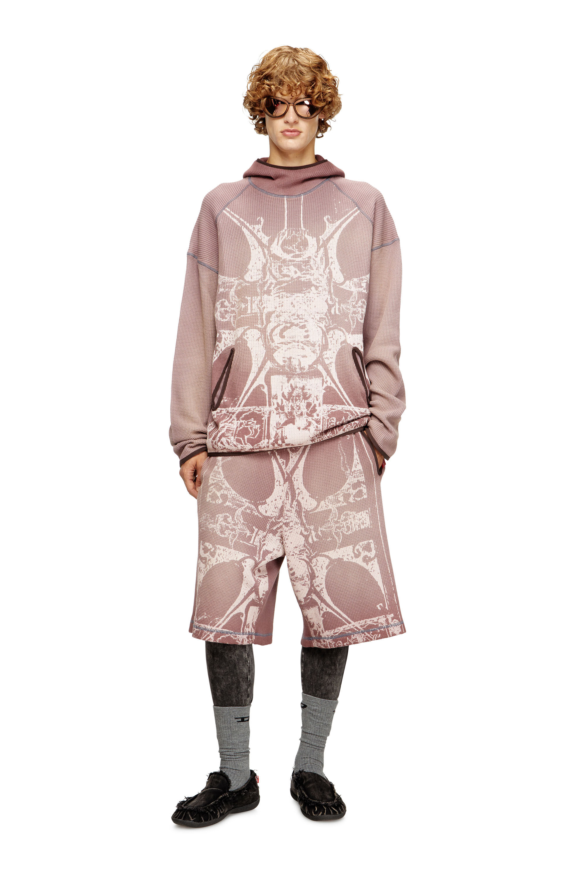 Diesel - S-WAF-HOOD-NEW, Herren Verblasster Waffel-Kapuzenpullover mit Grafik-Print in null - 1