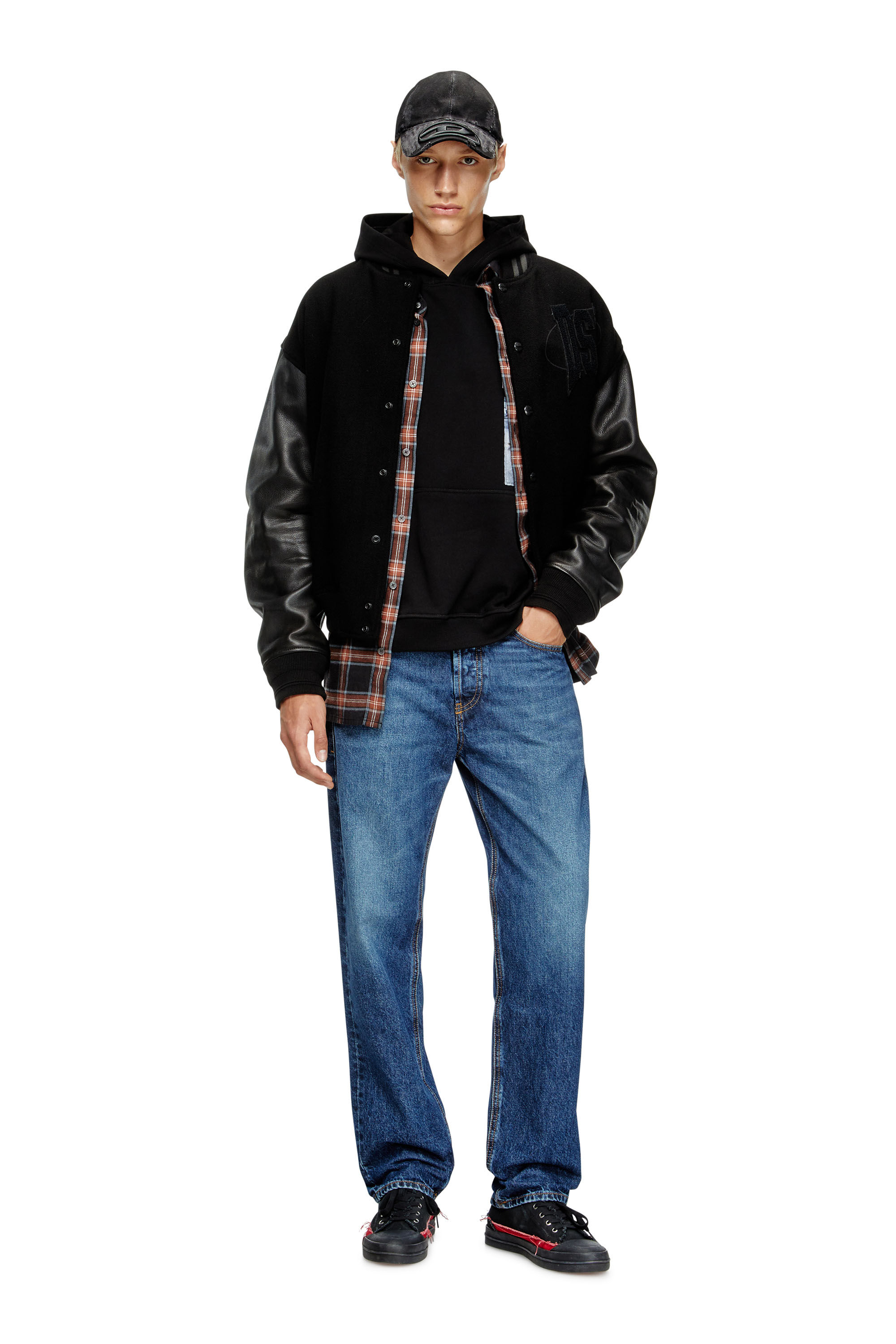 Diesel - L-NYMAN, Herren Varsity-Bomberjacke aus Baumwolle und Leder in Schwarz - 1
