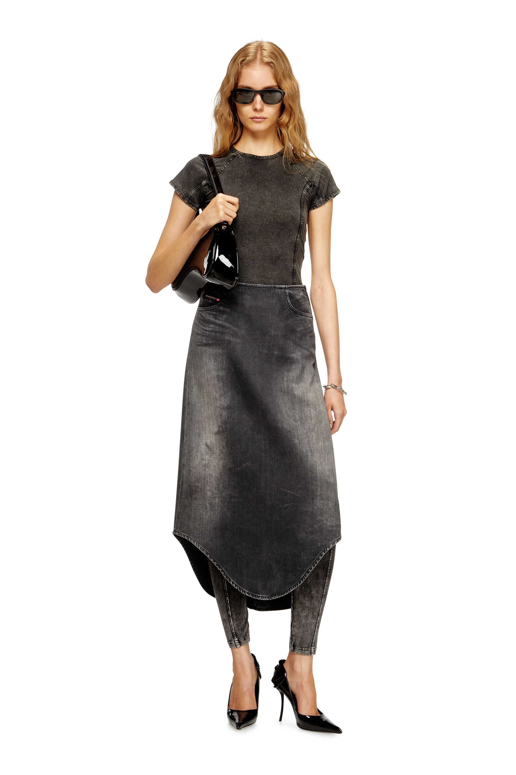 Diesel - DE-PLUMY-S, Damen Midirock aus Denim mit Shadow-Effekt in Schwarz - 1