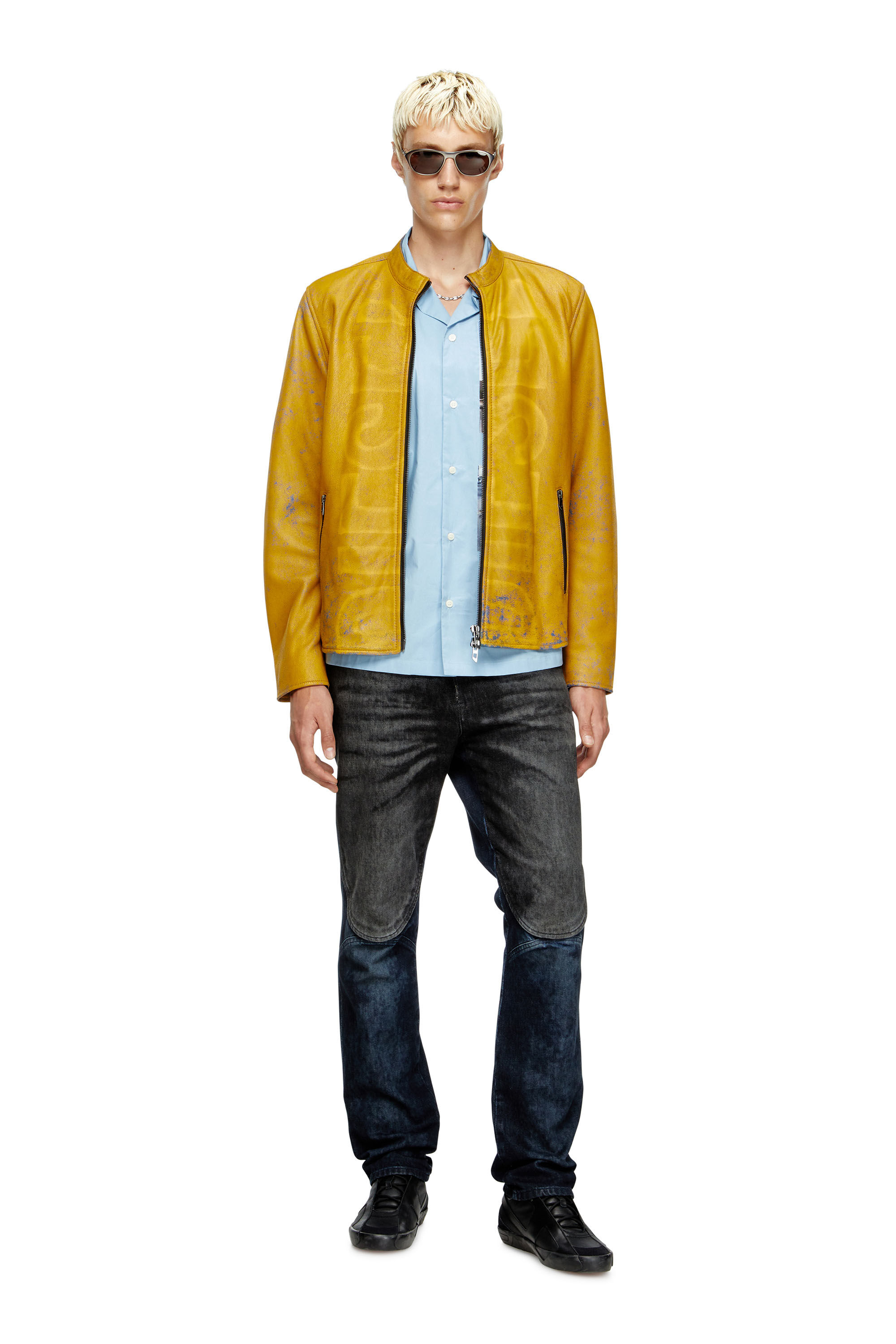 Diesel - L-EVERT-A, Herren Behandelte Bikerjacke aus Leder mit verblasstem Logo in Gelb - 1
