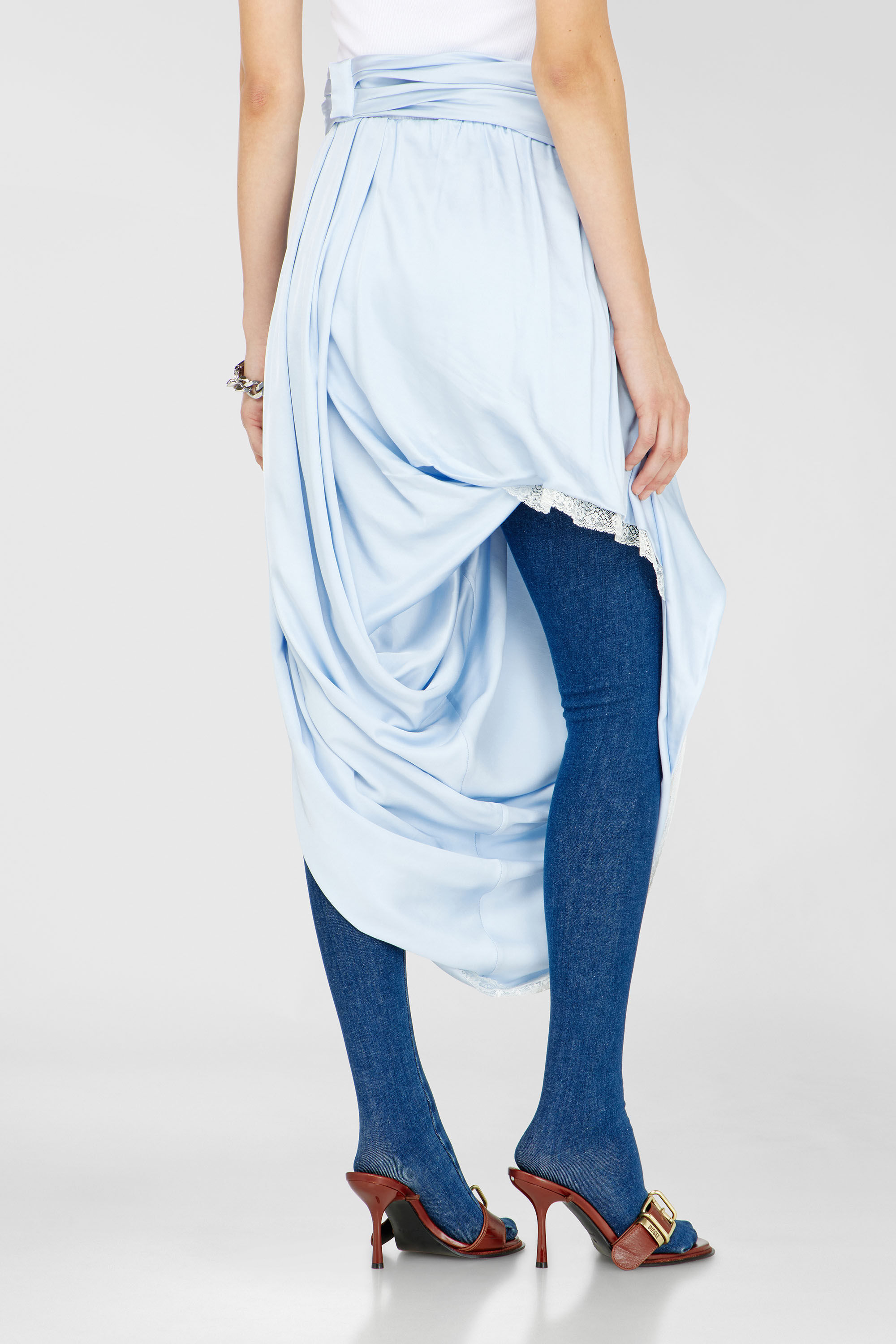 Diesel - O-WANDA, Damen Midirock aus Satin mit Spitzenbesatz in Hellblau - 4