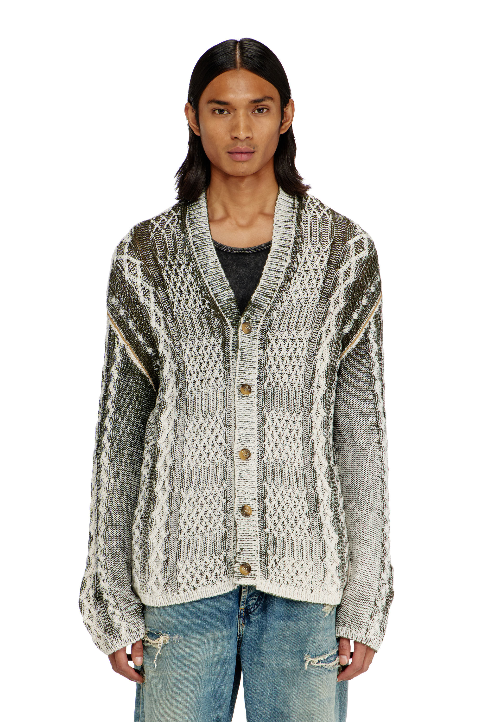 Diesel - K-MIOTO, Herren Behandelter Cardigan aus Zopfmusterstrick in Weiss/Grau - 3