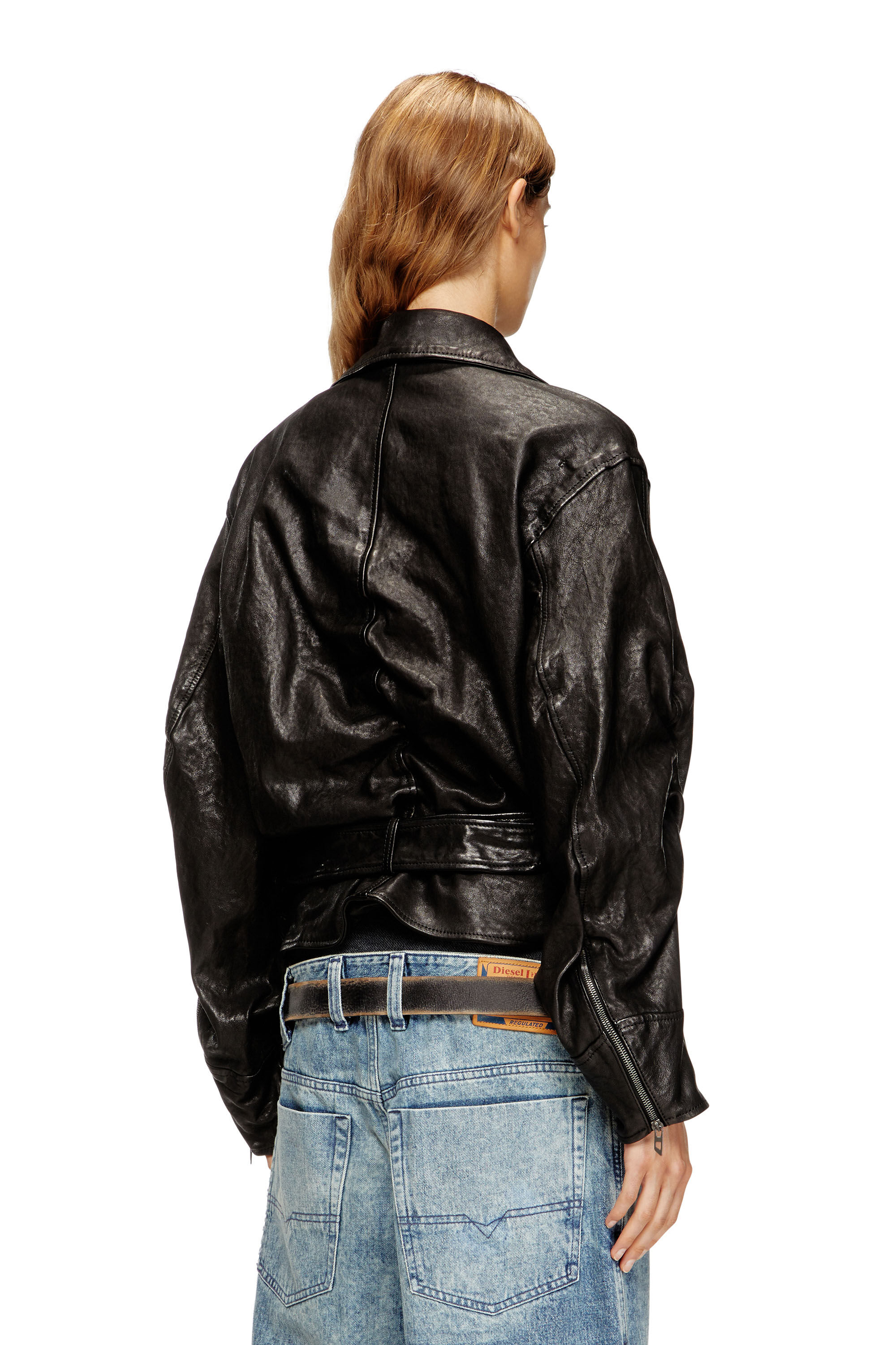 Diesel - L-OYS, Damen Jacke mit Gürtel aus thermischem Leder in Schwarz - 4