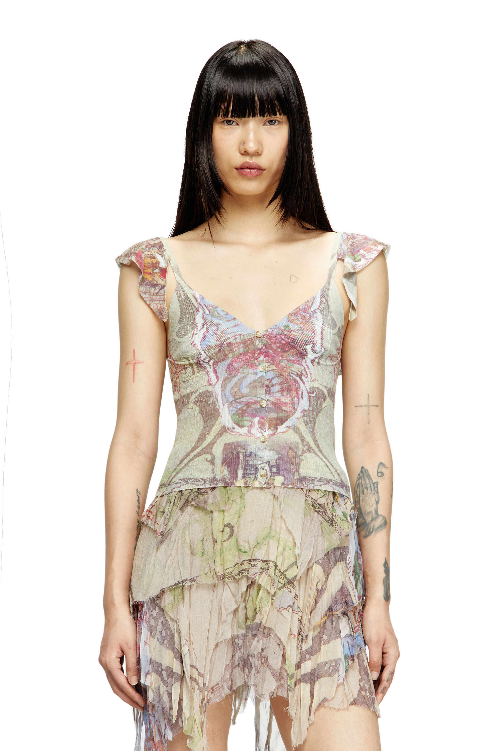 Diesel - M-FIORE, Damen Stricktop mit gerüschten Schultern und mittelalterlichem Print in Hellbraun - 2