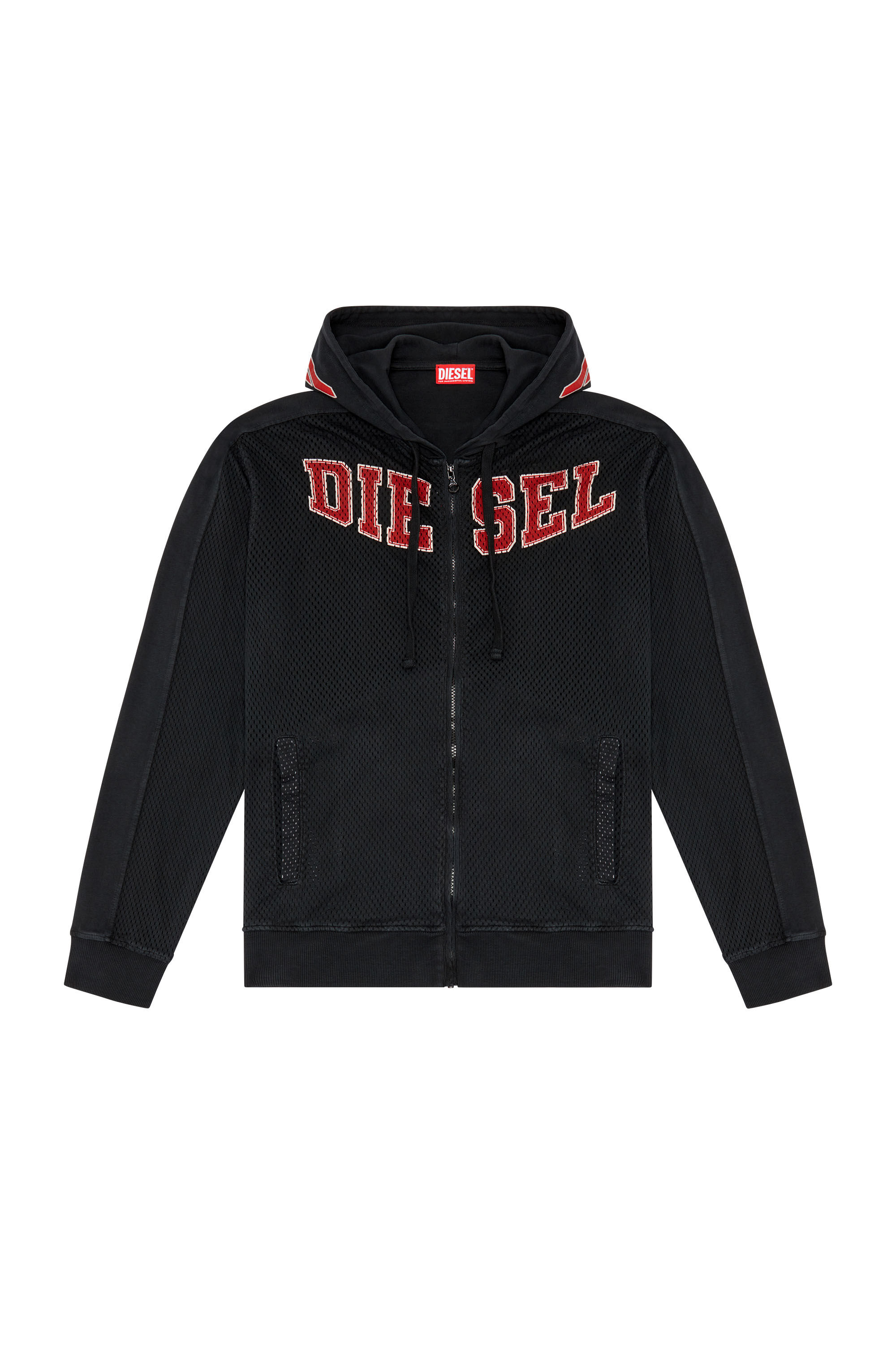 Diesel - S-CREK, Herren Hoodie mit College-Grafik und Reißverschluss in Schwarz - 1