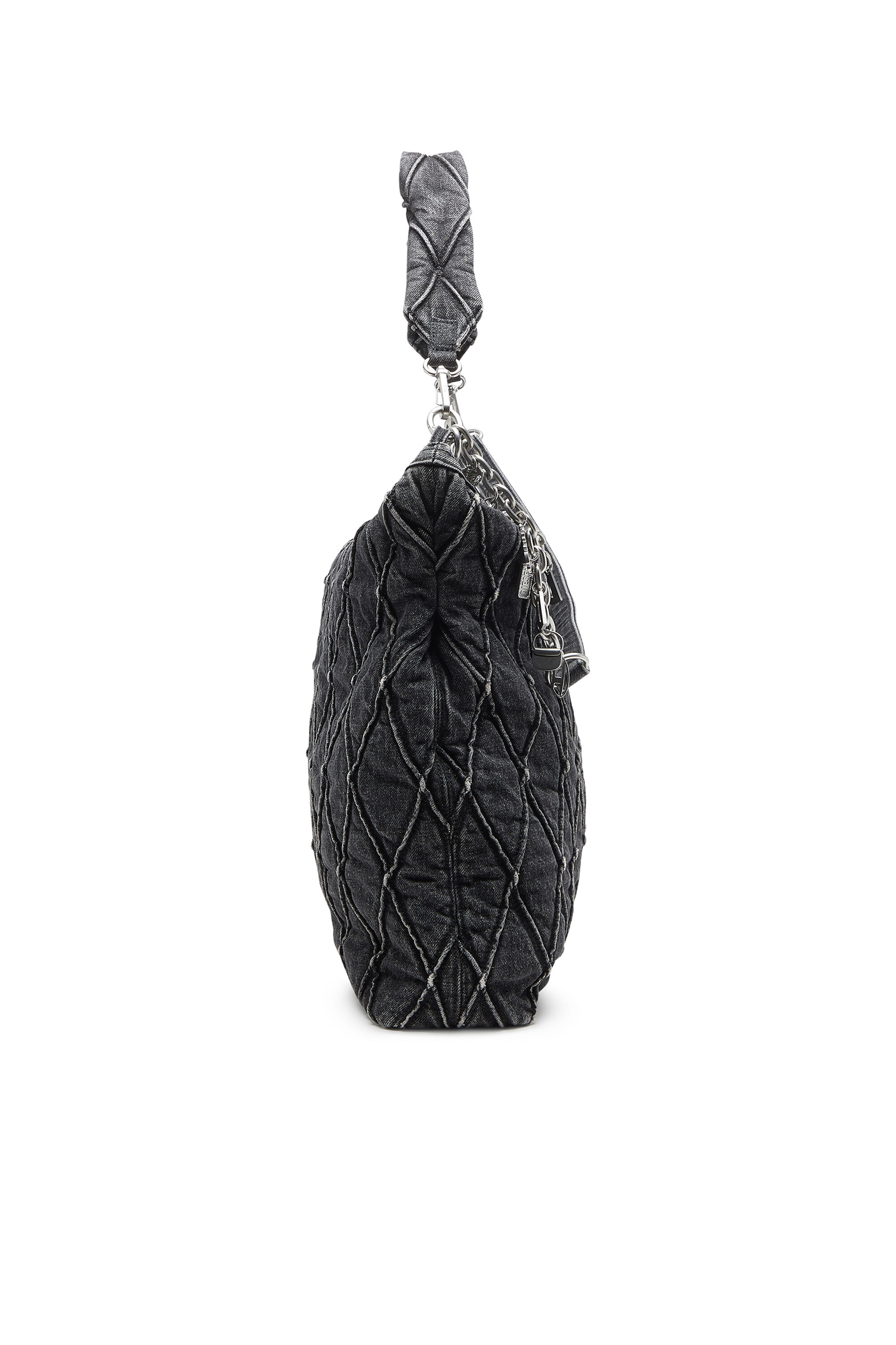 Diesel - HOSHI CHARM-D HOBO, Damen Gesteppte Hobo-Tasche aus Denim mit Kettenanhängern in Schwarz - 4