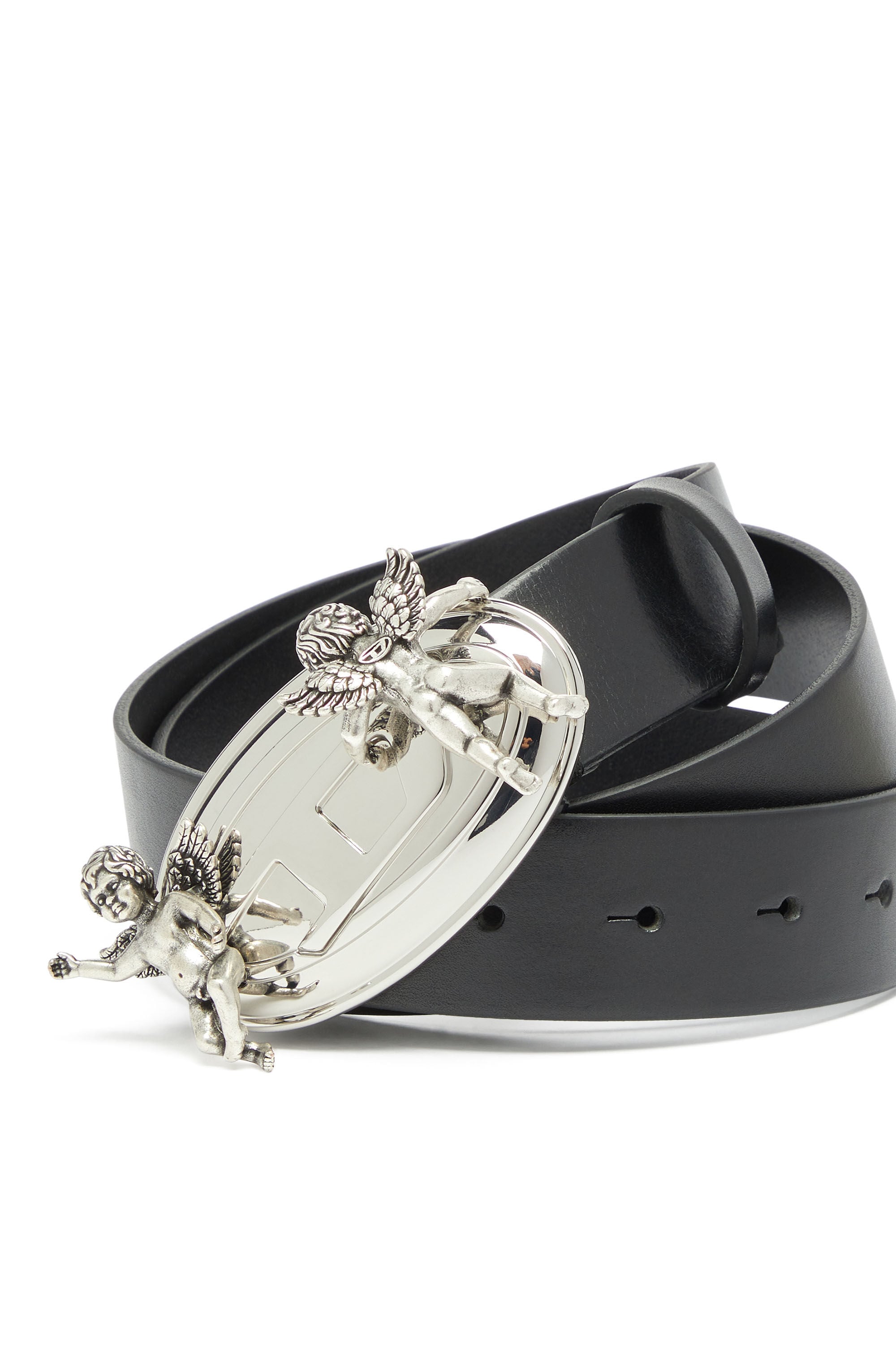 Diesel - B-OVAL ANGELS 35, Damen 3,5 cm Lederg&uuml;rtel mit Oval D Schnalle und Cherub in Schwarz - 3