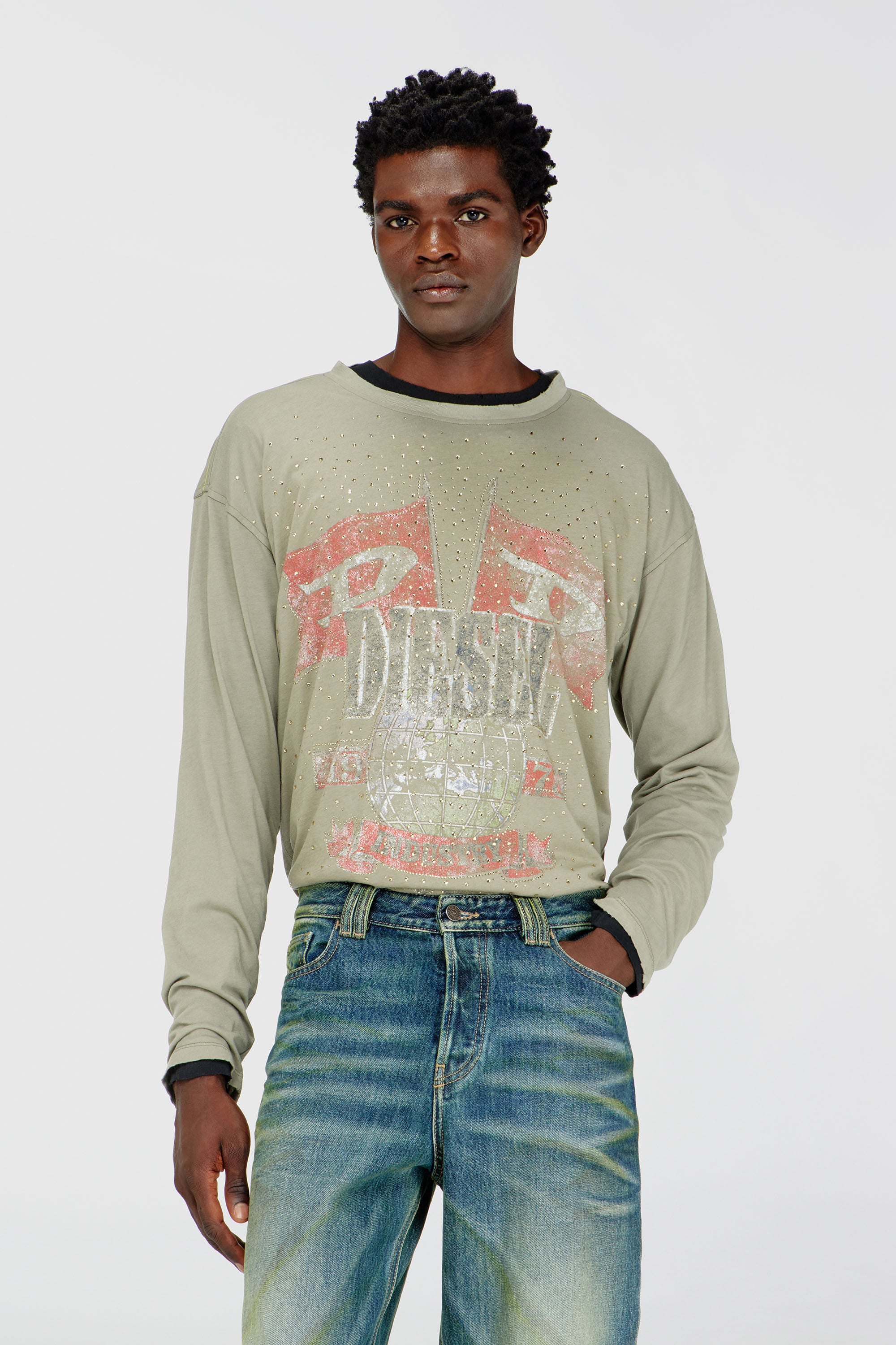 Diesel - T-GERI-LS-A, Herren Langarmshirt mit Konzertgrafik und Kristallen in null - 3