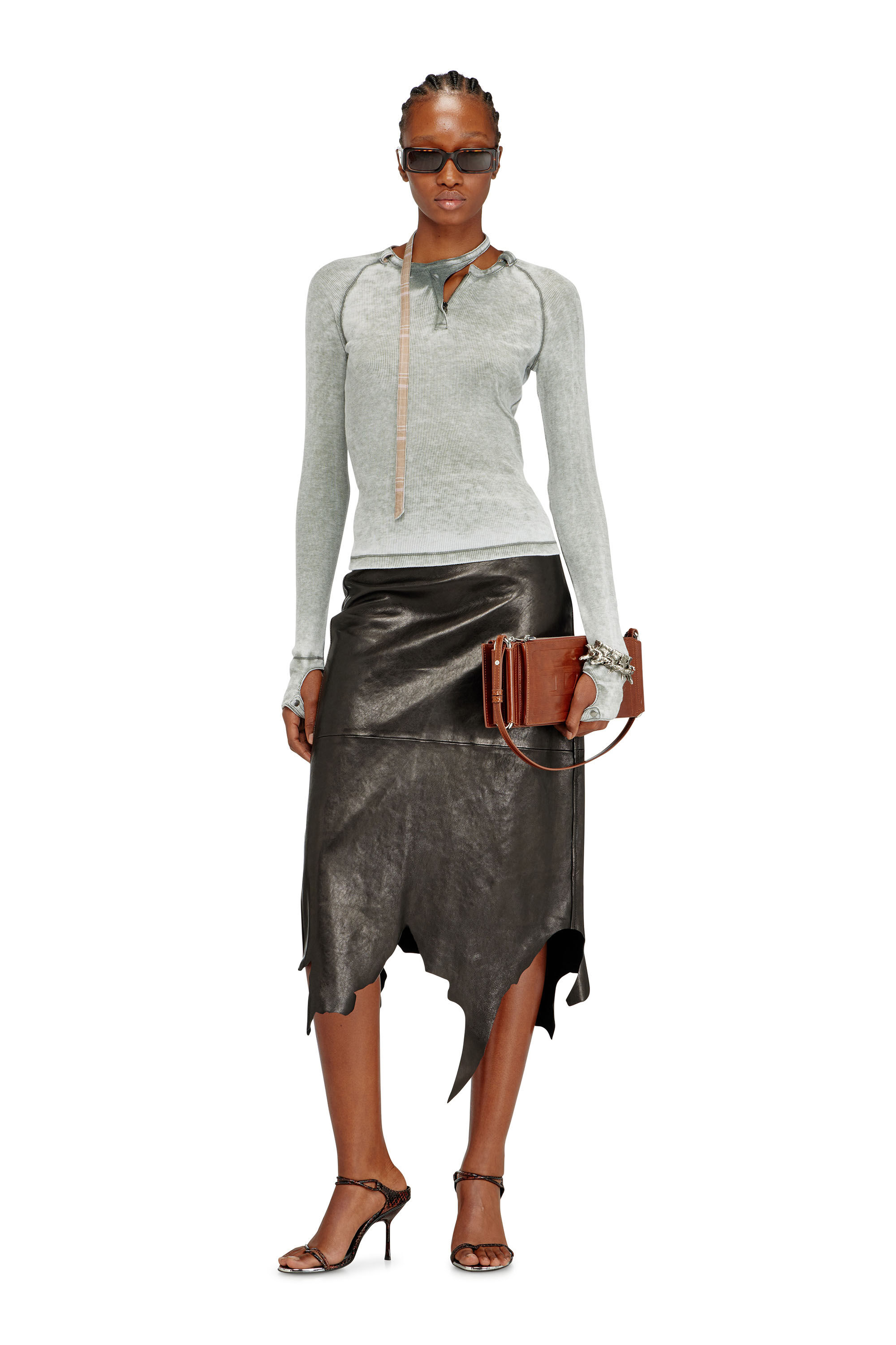 Diesel - L-TORN, Damen Midirock aus Leder mit gezacktem Saum in Schwarz - 1