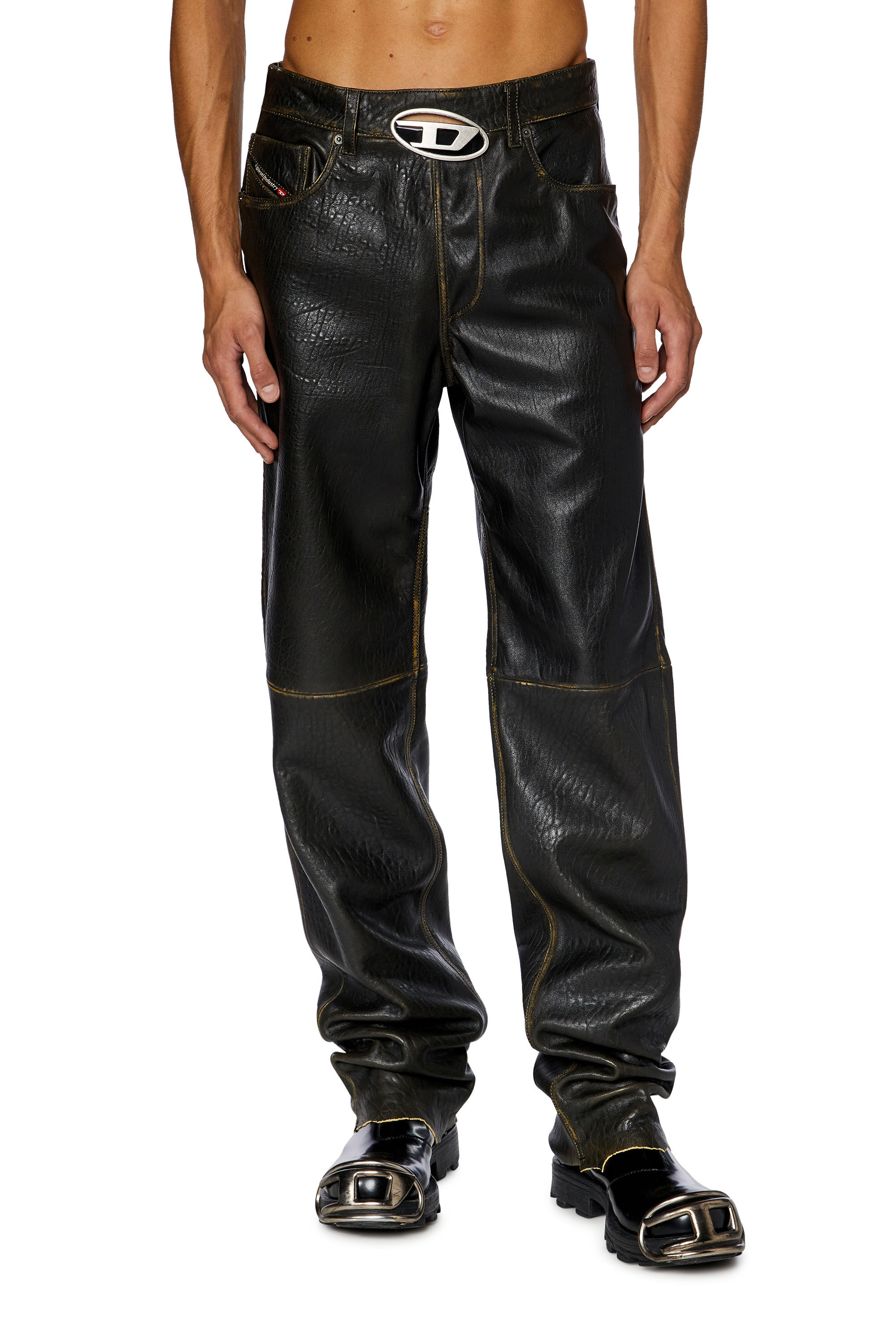 Men s Textured leather pants with logo cut out Brown Diesel