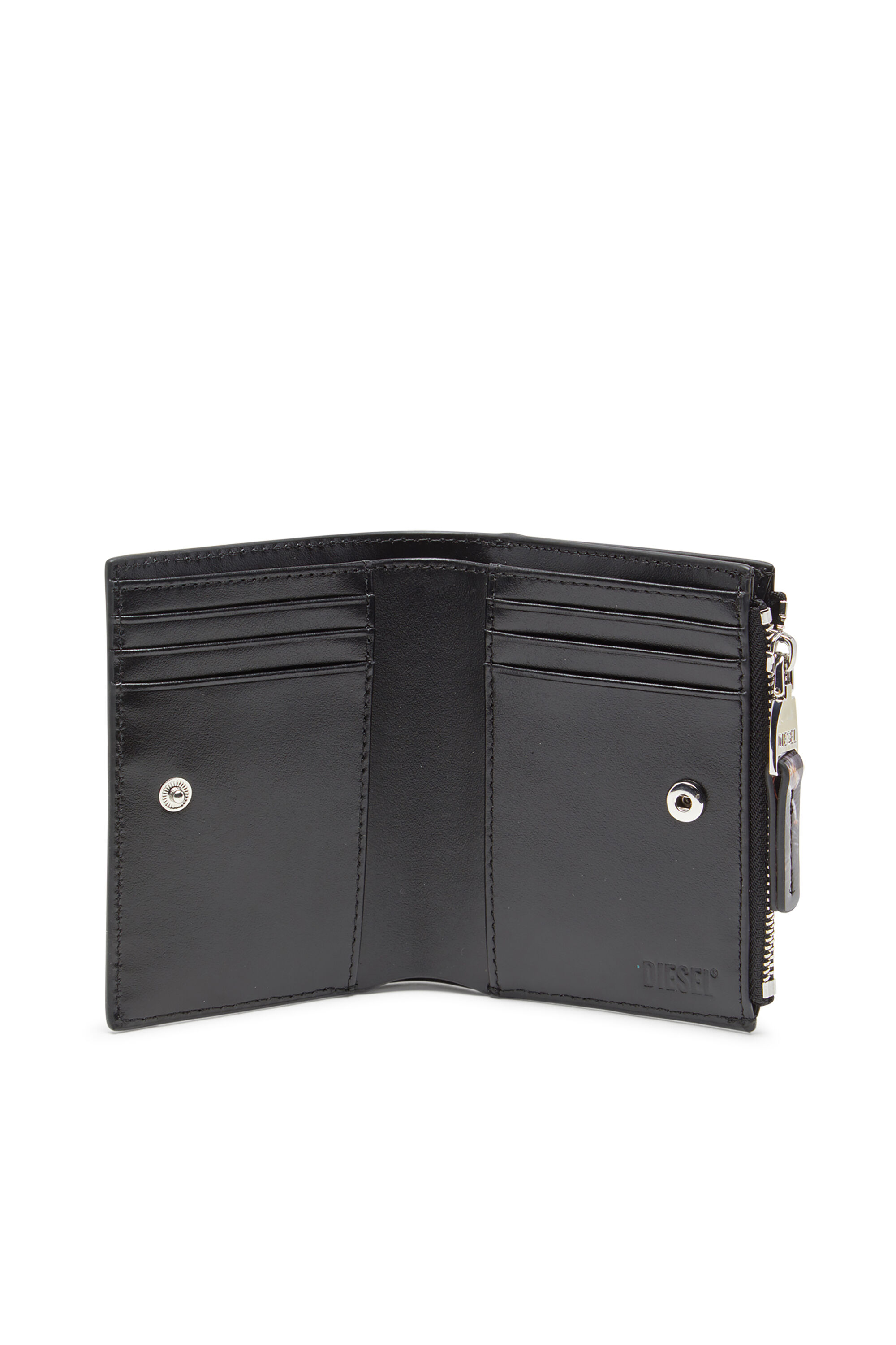 Diesel - PLAY BI-FOLD ZIP II, Damen Kleines Portemonnaie aus bedrucktem glänzendem PU in Schwarz/Braun - 3