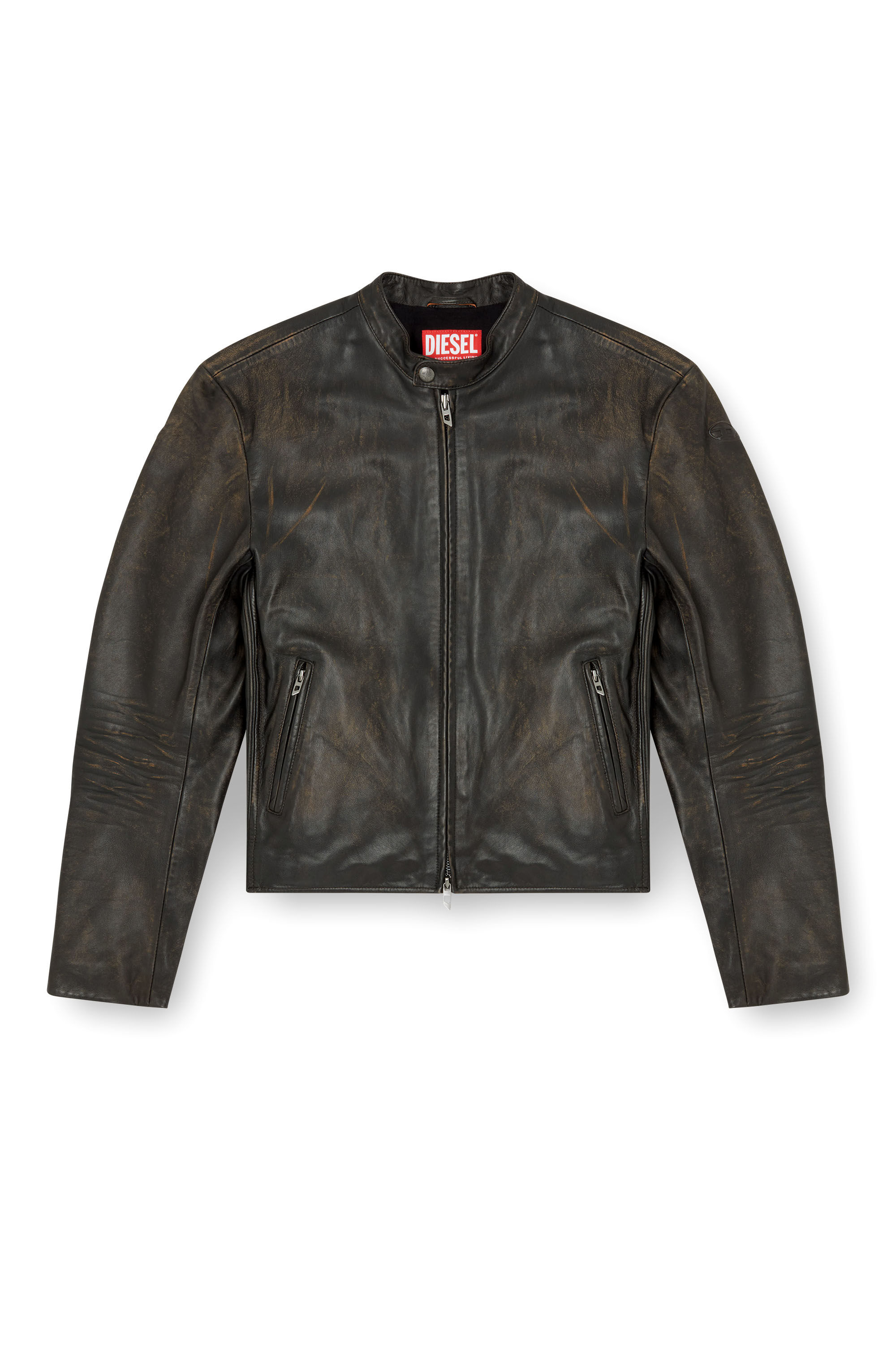Diesel - L-AROSS, Herren Vielgetragene Bikerjacke aus Leder in Braun - 2