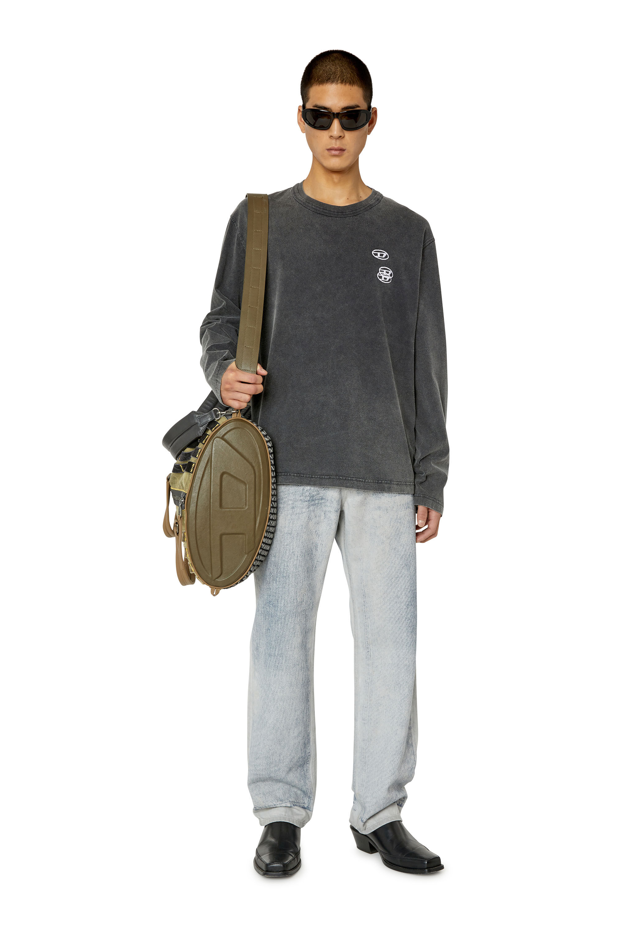 Diesel - T-CRANE-LS-SLITS, Herren T-Shirt mit dreifacher Logo-Stickerei in Schwarz - 1