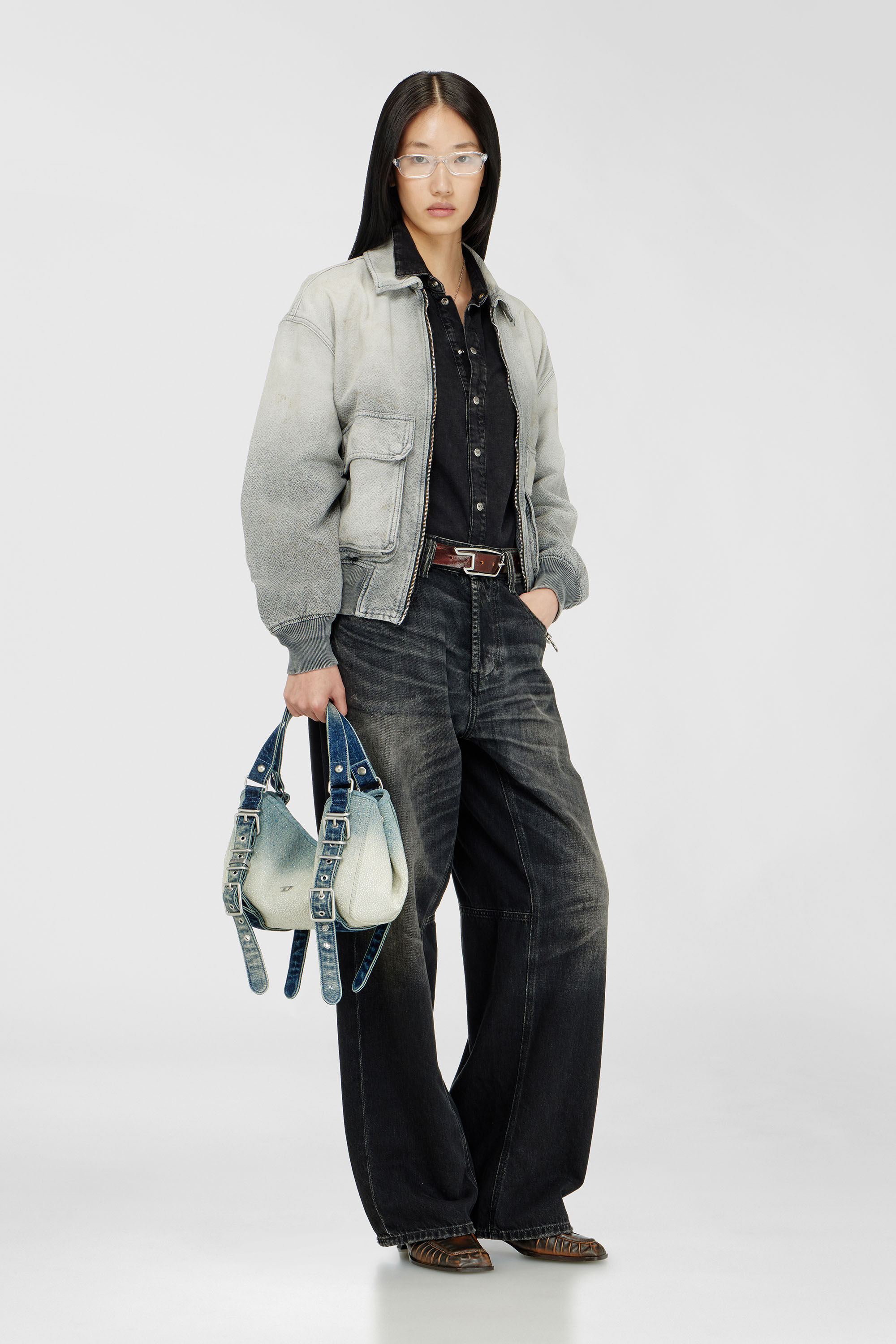 Diesel - D-ONE TOPHANDLE S, Damen D-One-Small Henkeltasche aus solarisiertem Denim mit Kristallen in Blau - 1