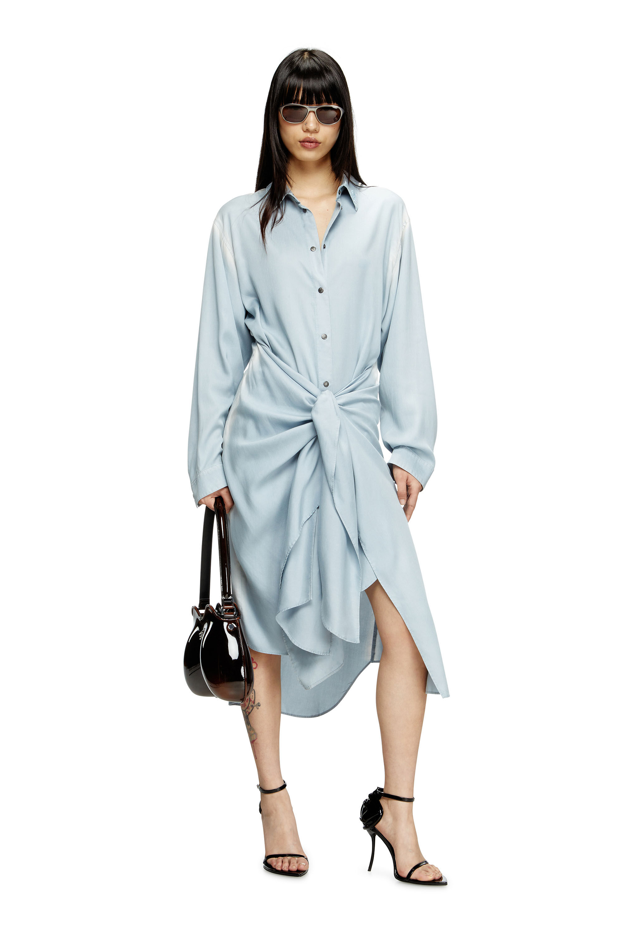 Diesel - D-ILETTA-R1, Damen Wickel-Shirtkleid aus behandeltem Twill in Hellblau - 1