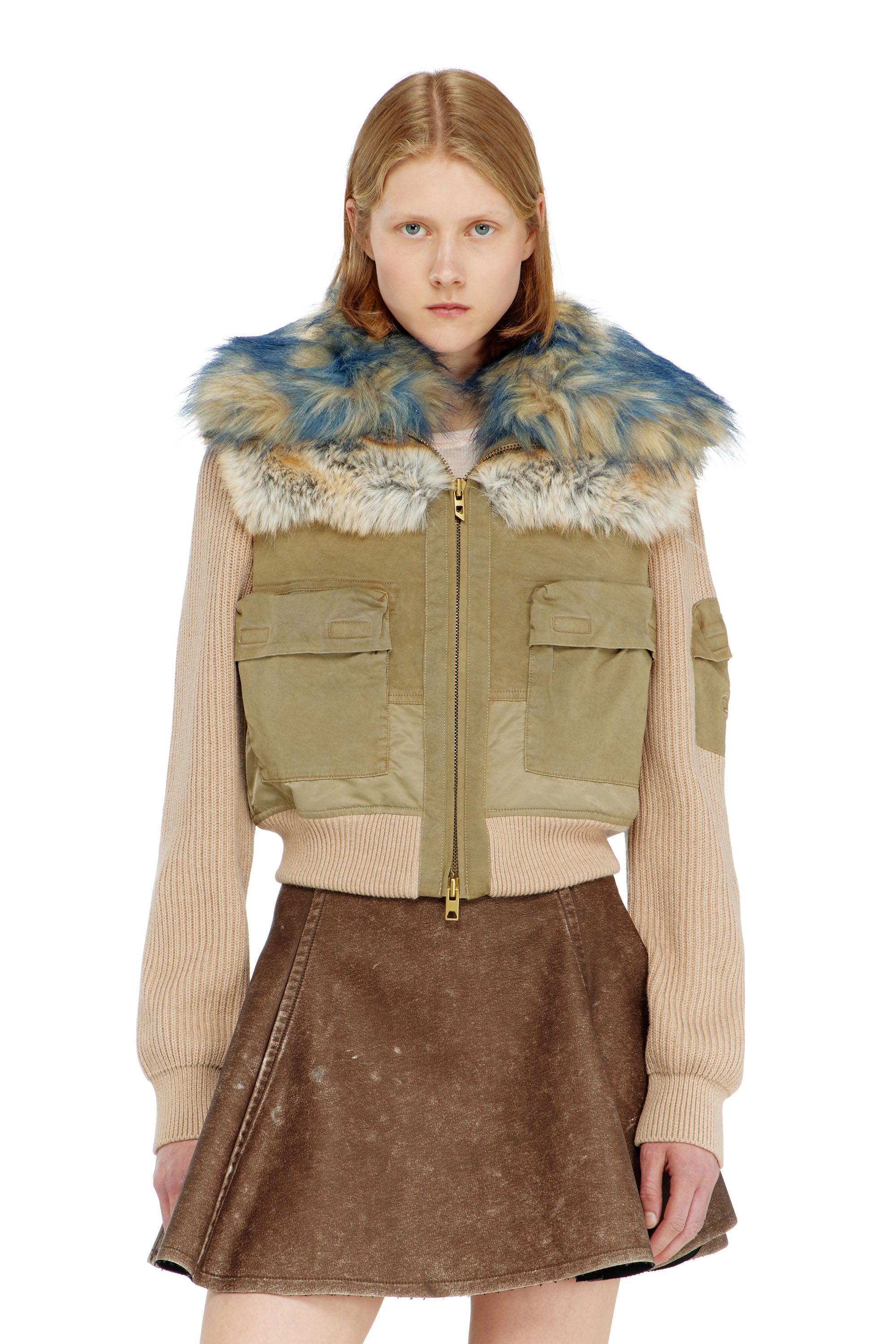 Diesel - G-USTAV, Damen Bomberjacke mit Rippstrick- und Pl&uuml;schbesatz in Beige - 3