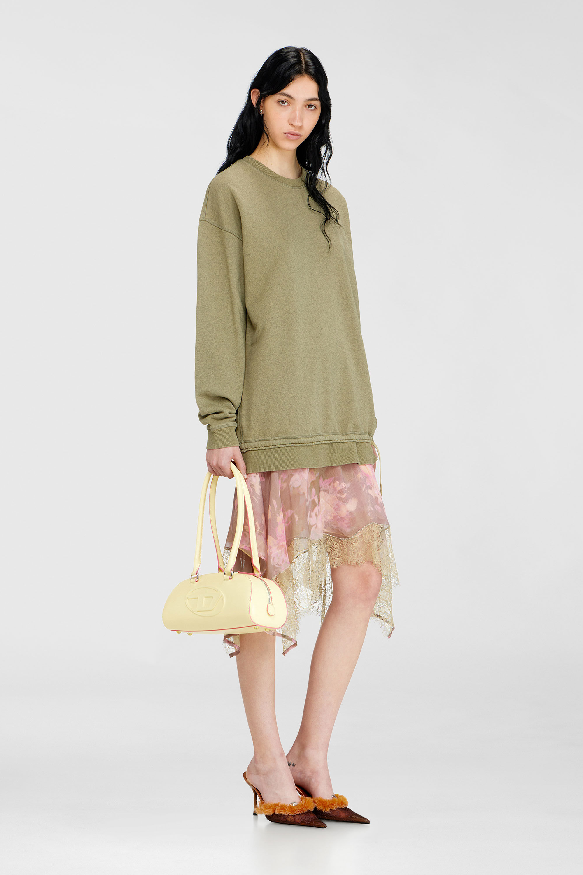 Diesel - D-ORELY, Damen Sweatshirt-Kleid mit Chiffon- und Spitz Rock in Rosa/Gr&uuml;n - 1