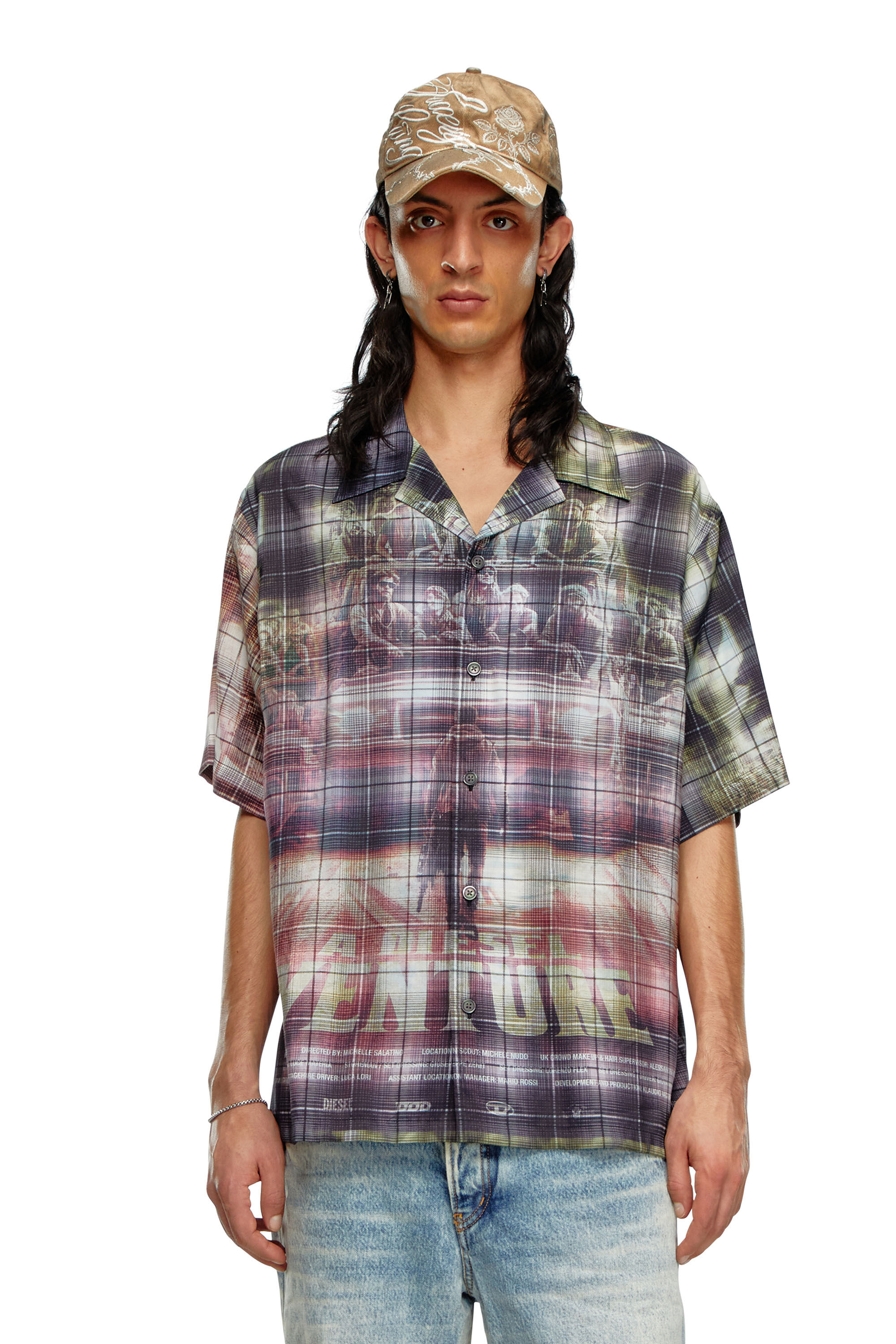 Diesel - S-TILBORG, Man Short-sleeve check shirt with poster print in Multicolor - Image 3