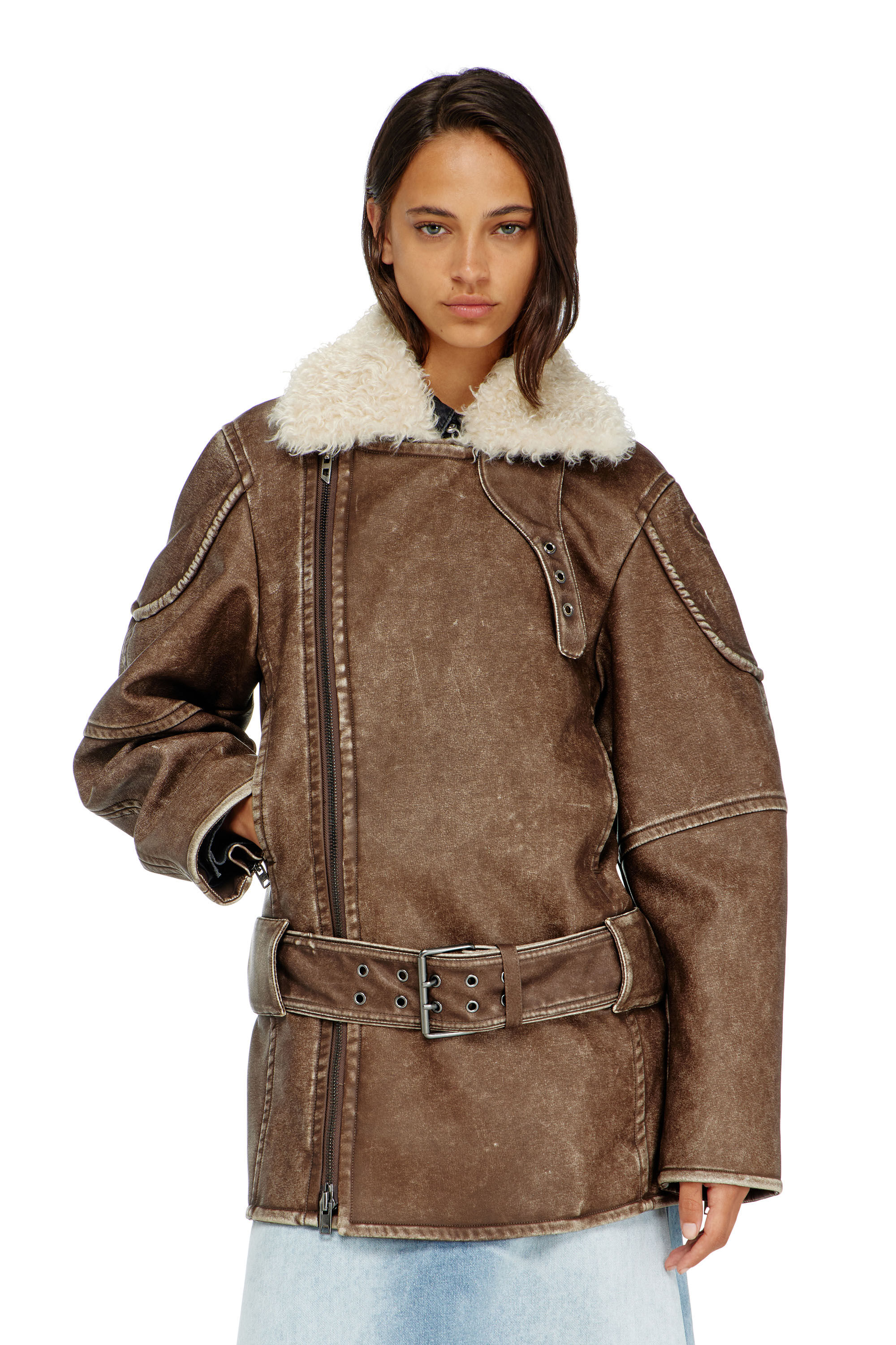 Diesel - G-EYSER, Damen Doppelreihiger Aviator-Biker-Mantel in Braun - 3
