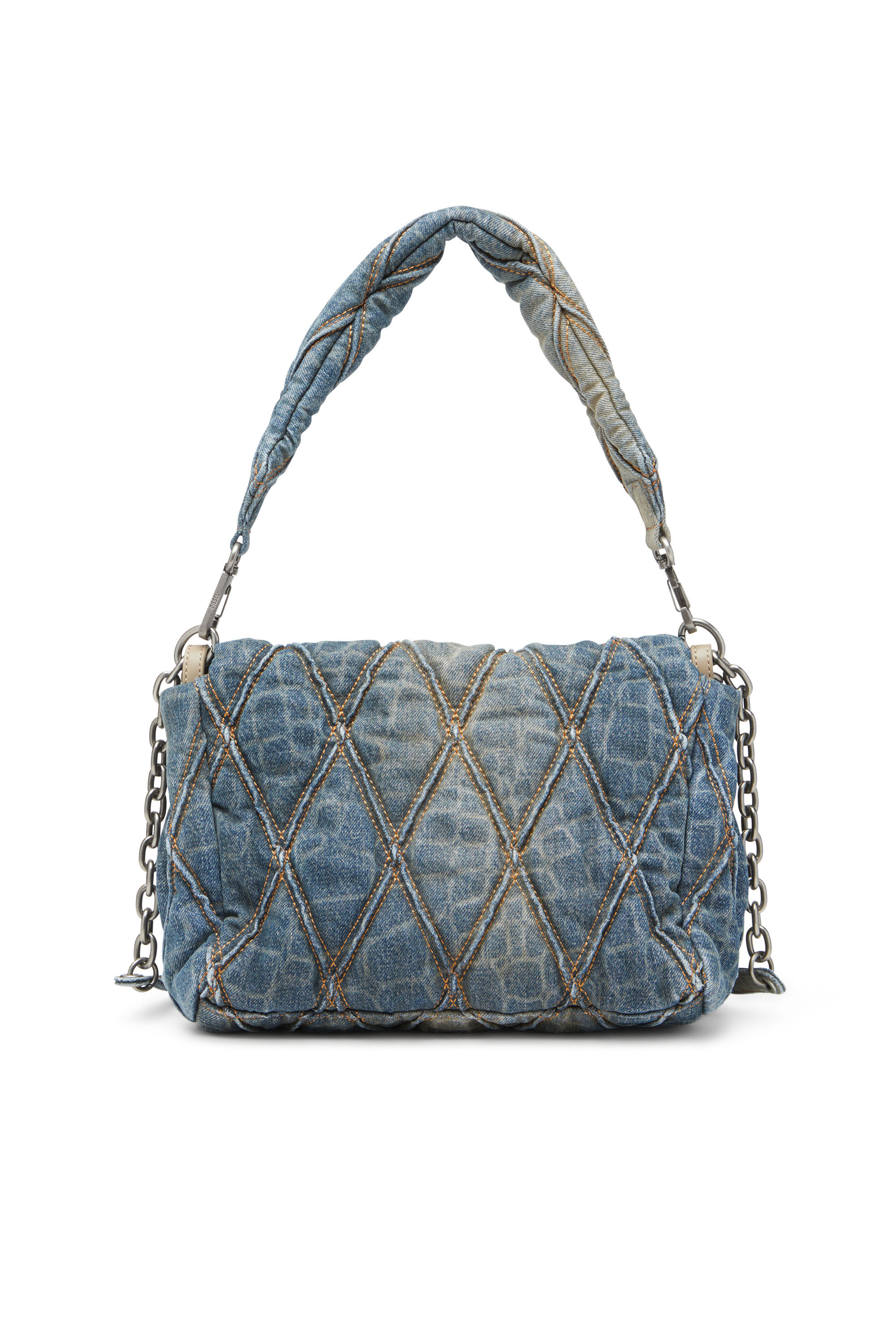 Diesel - CNY CHARM-D SHOULDER M, Damen Schultertasche aus gestepptem Denim mit Schlangen-Print in Blau - 3