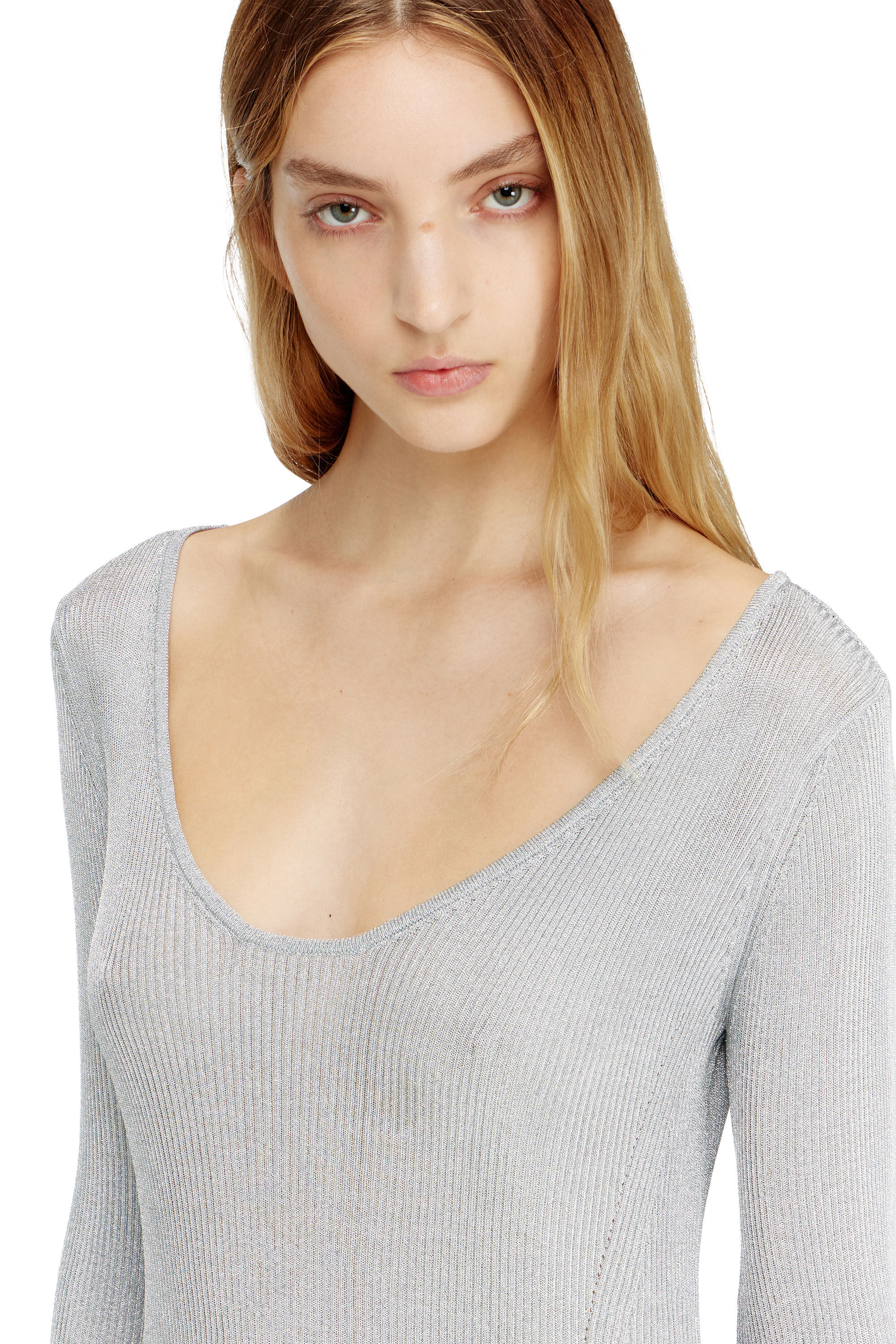 Diesel - M-DALILA, Damen Kurzes Kleid aus metallisch geripptem Strick in Hellgrau - 5