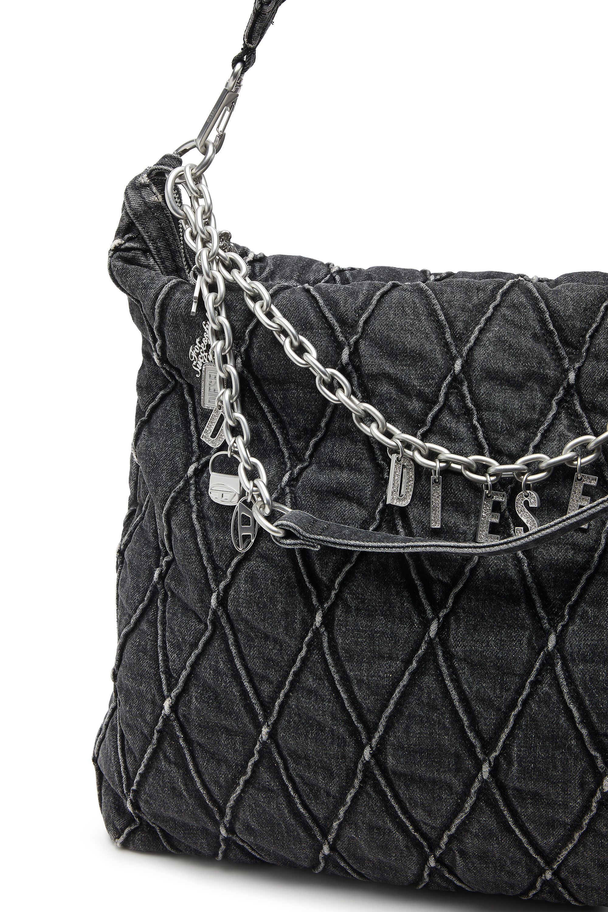 Diesel - HOSHI CHARM-D HOBO, Damen Gesteppte Hobo-Tasche aus Denim mit Kettenanhängern in Schwarz - 2