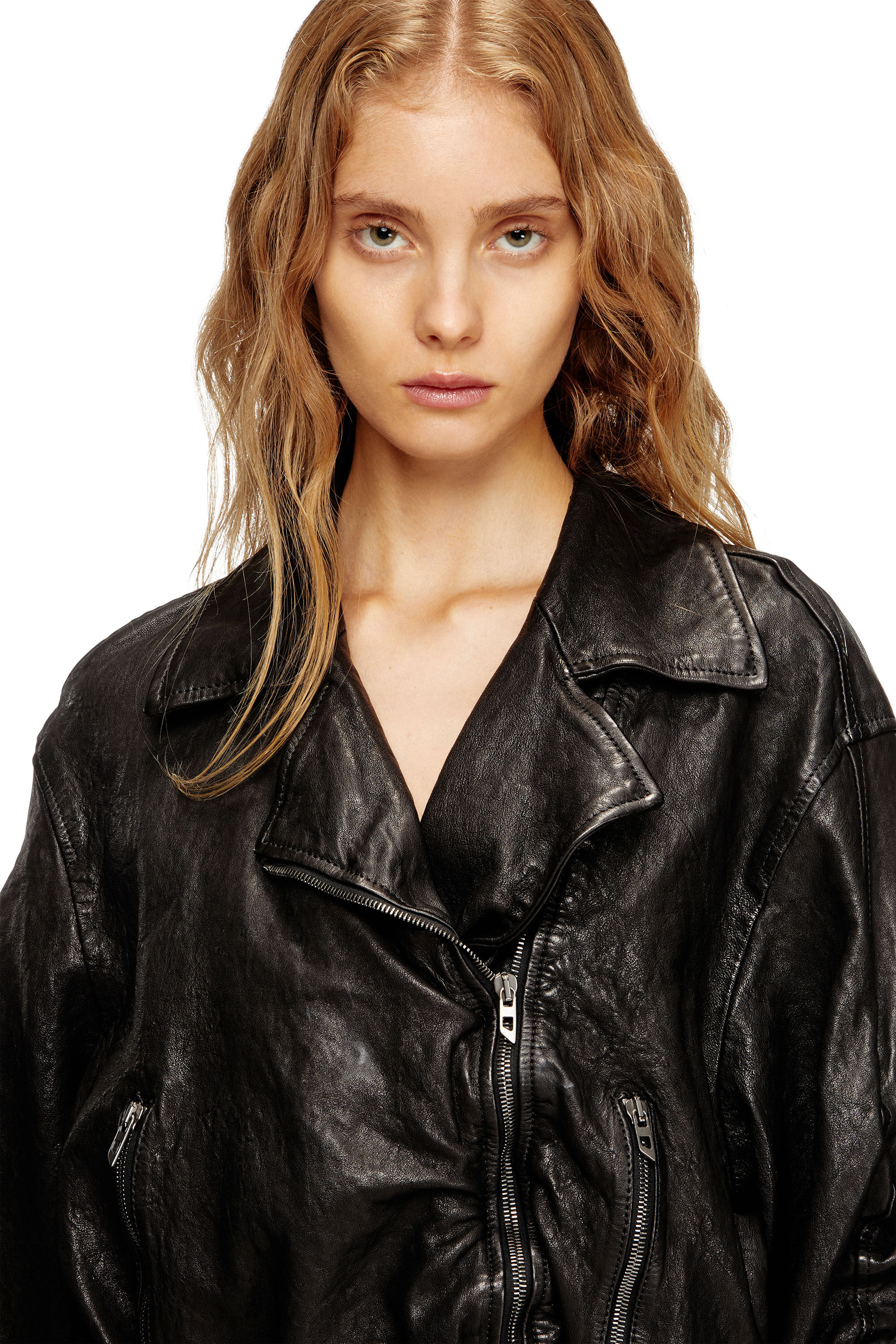 Diesel - L-OYS, Damen Jacke mit Gürtel aus thermischem Leder in Schwarz - 5