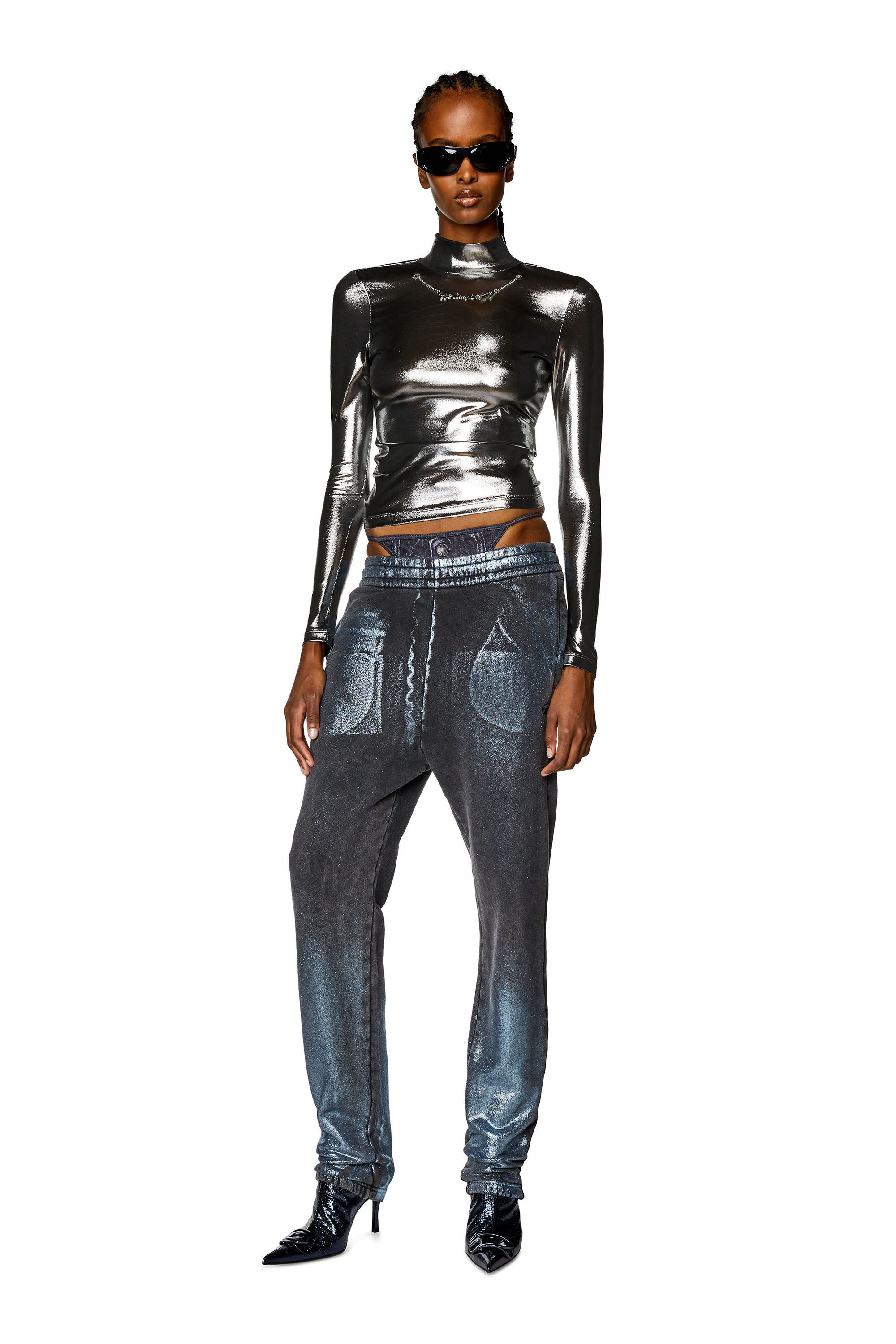 Diesel - T-META, Damen Metallic-Top mit Kettendetail in Schwarz - 1