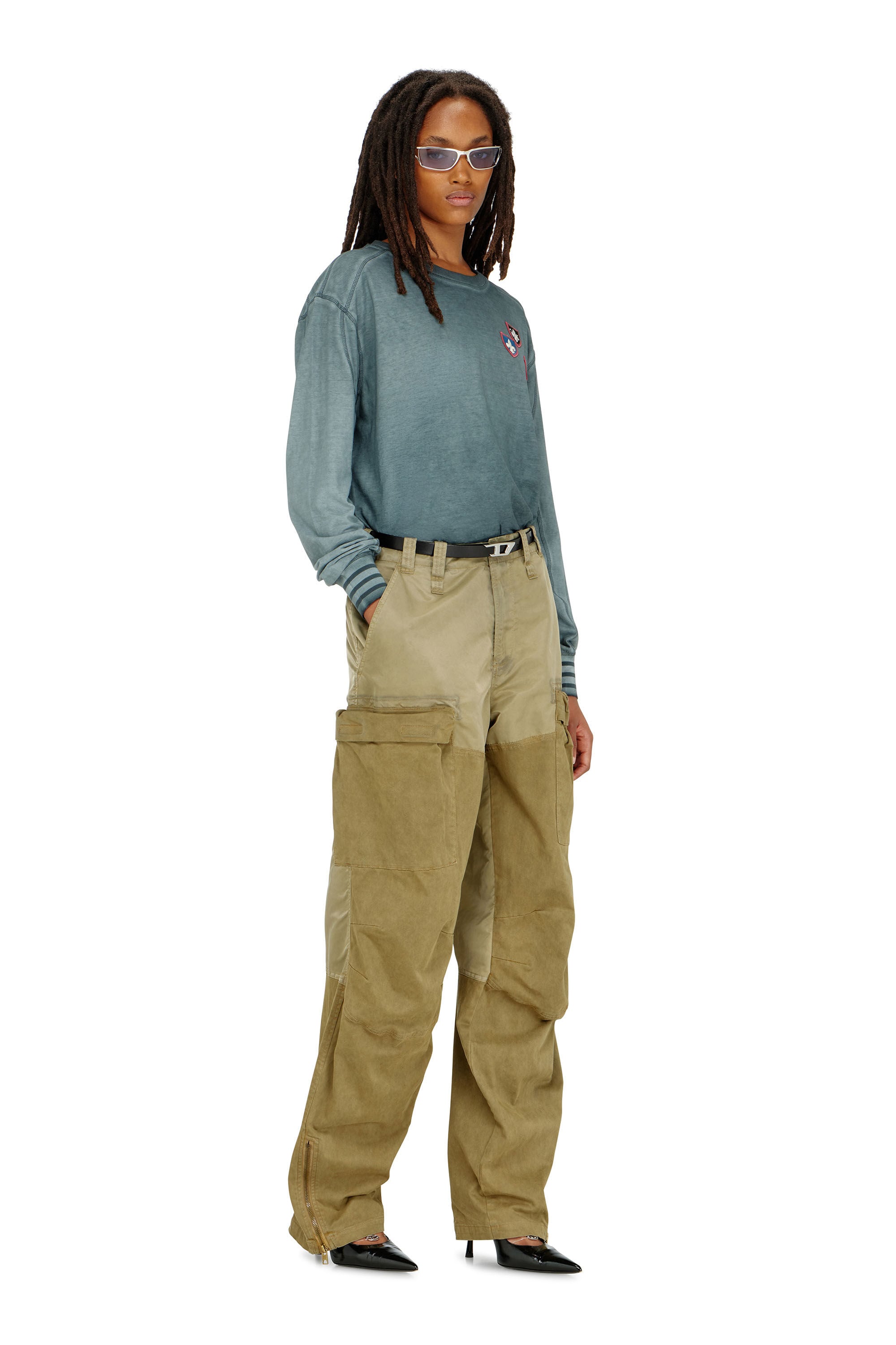 Diesel - T-BAWYE-LS, Damen T-Shirt mit Patches und Mikrowaffel-Eins&auml;tzen in null - 1