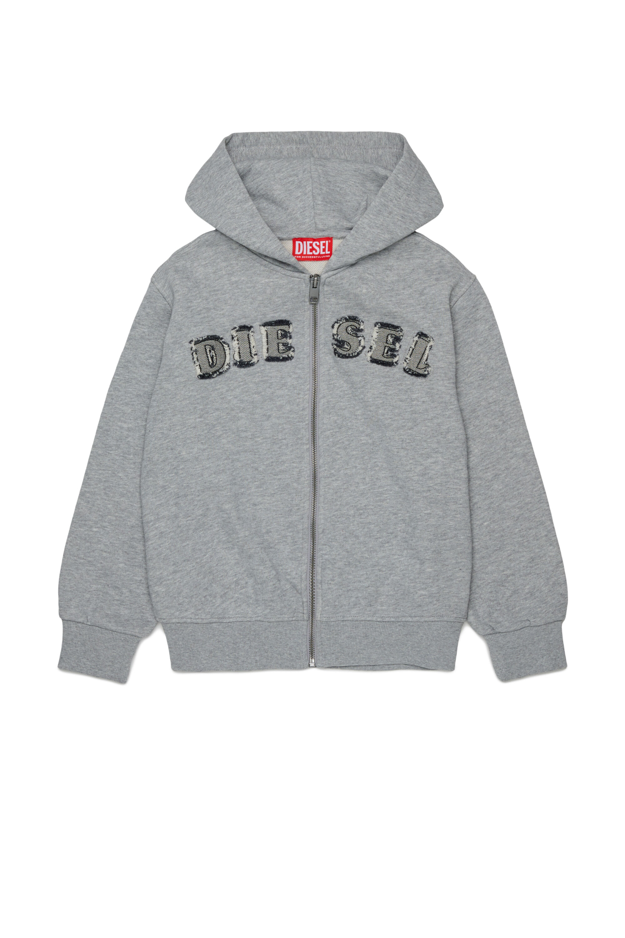 Diesel - SJEANSHOOD OVER, Herren Kapuzensweatshirt mit ausgefransten Logo-Buchstaben mit Rei&szlig;verschluss in Grau - 1