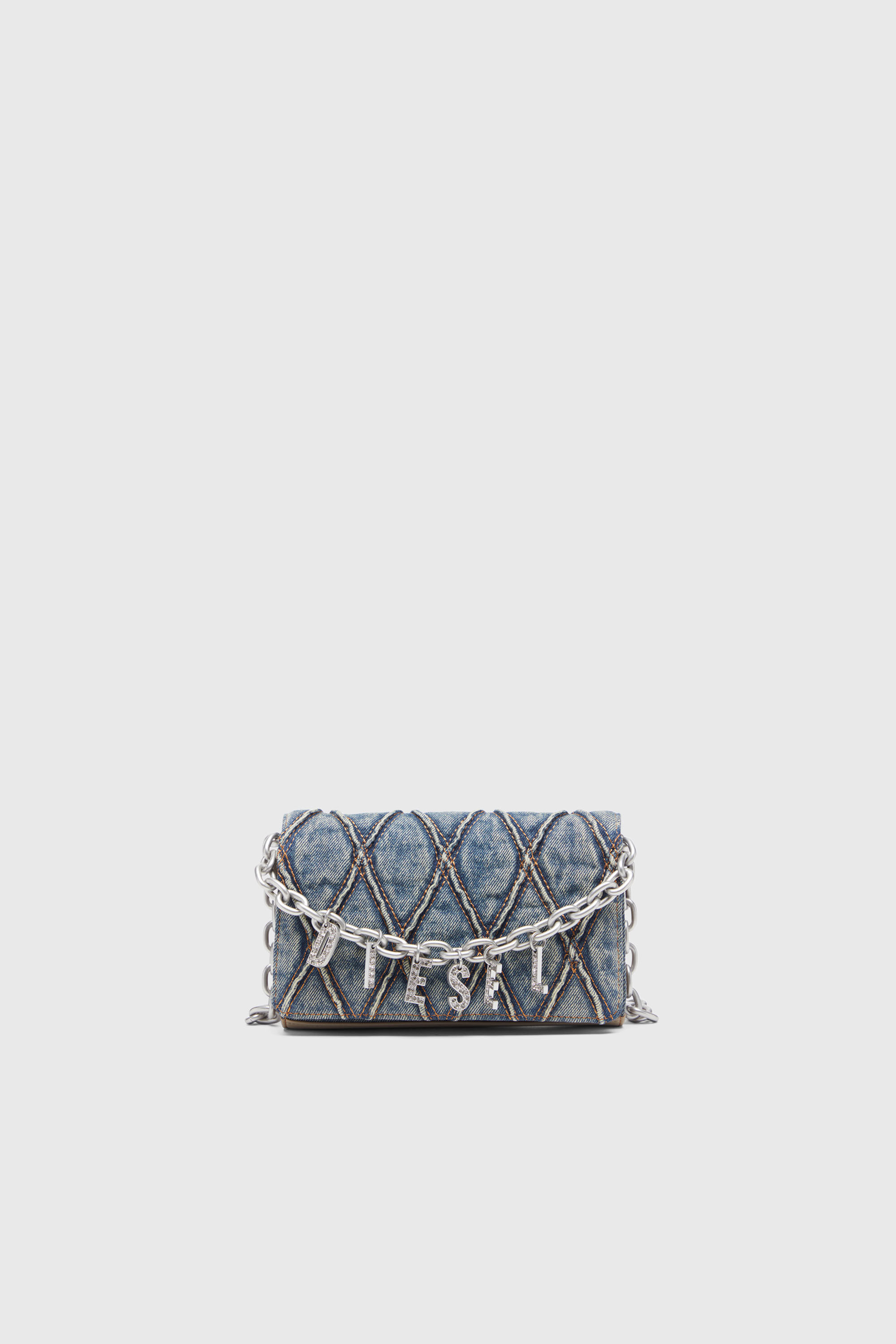 Diesel - CHARM-D WALLET STRAP, Damen Portemonnaie-Tasche aus gestepptem Argyle-Denim in Blau - 1