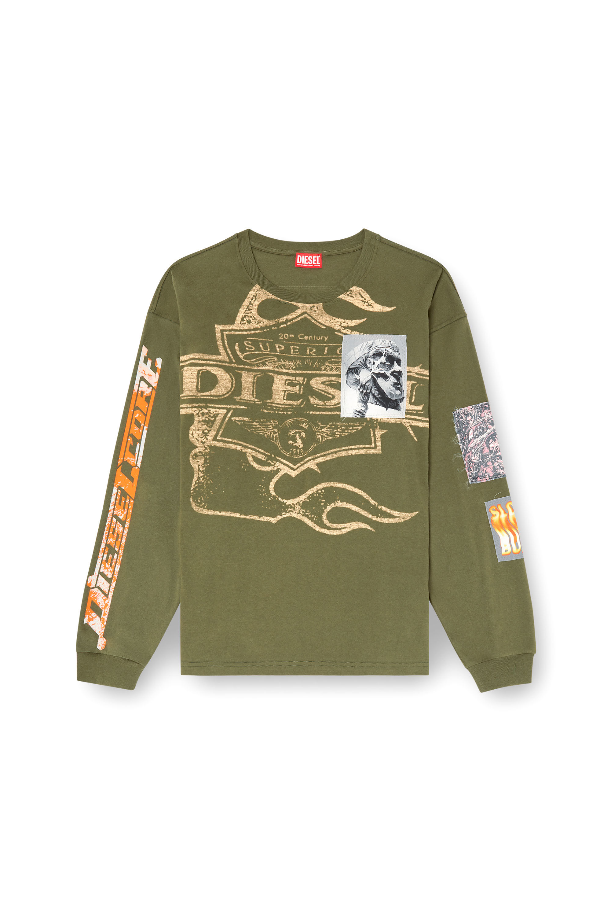 Diesel - T-BOXT-LS-SLITS-R5, Herren Langarm-T-Shirt mit grafischen Patches in Armeegrün - 2