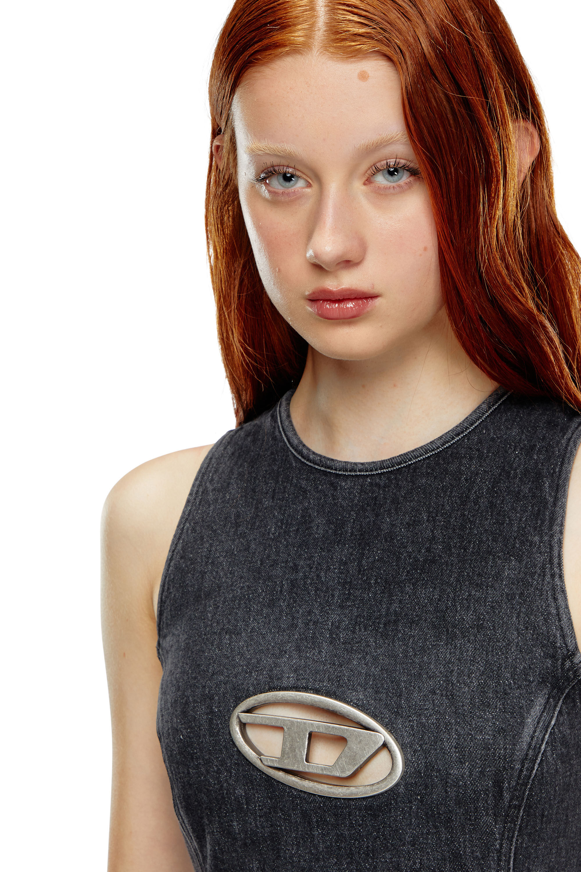DIESEL>>De-Ferriz-Fsd オーバル D プラーク デニム ミニドレス Women's Denim mini dress with Oval D plaque | Black | Diesel