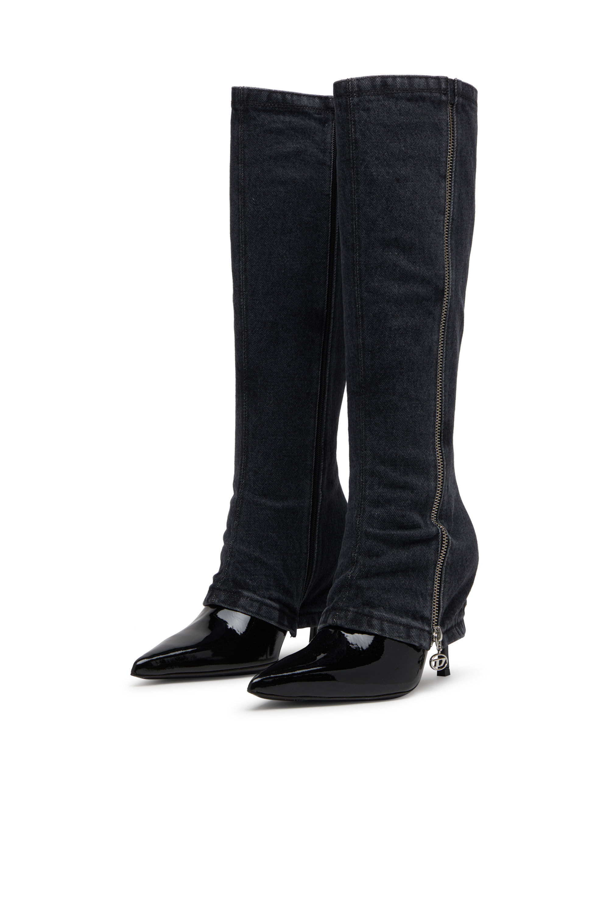 Diesel - D-VENUS TWISTED BOOT, Damen D-Venus-Stiletto-Kniestiefel mit Jeans-Trompe l'œil in Schwarz - 7