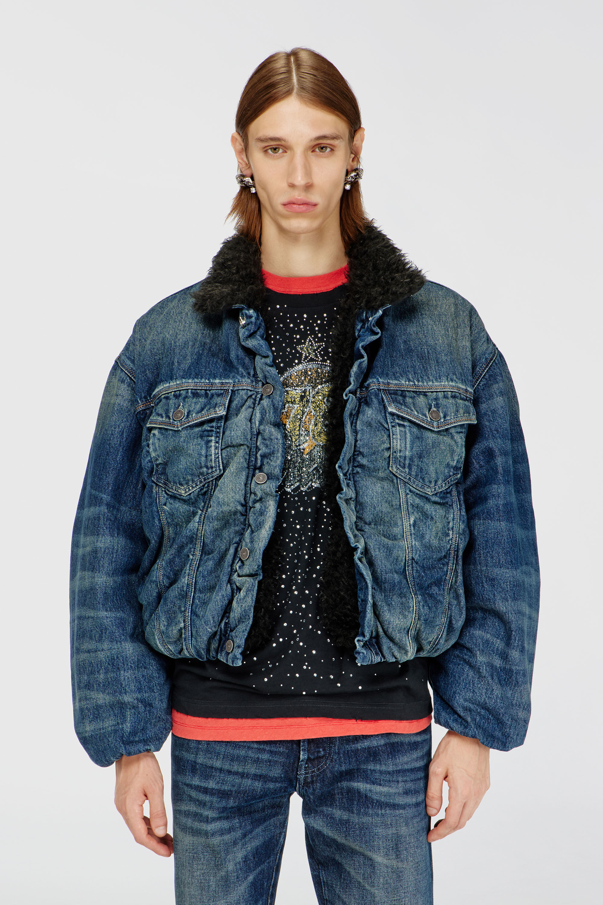 Diesel - D-CURLY-FSJ1, Unisex Truckerjacke aus Denim mit Teddyfutter in Dunkelblau - 3